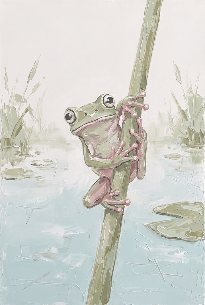 Sage green tree frog wall art climbs a vertical reed in a pale blue pond with textured lily pads and soft reeds.