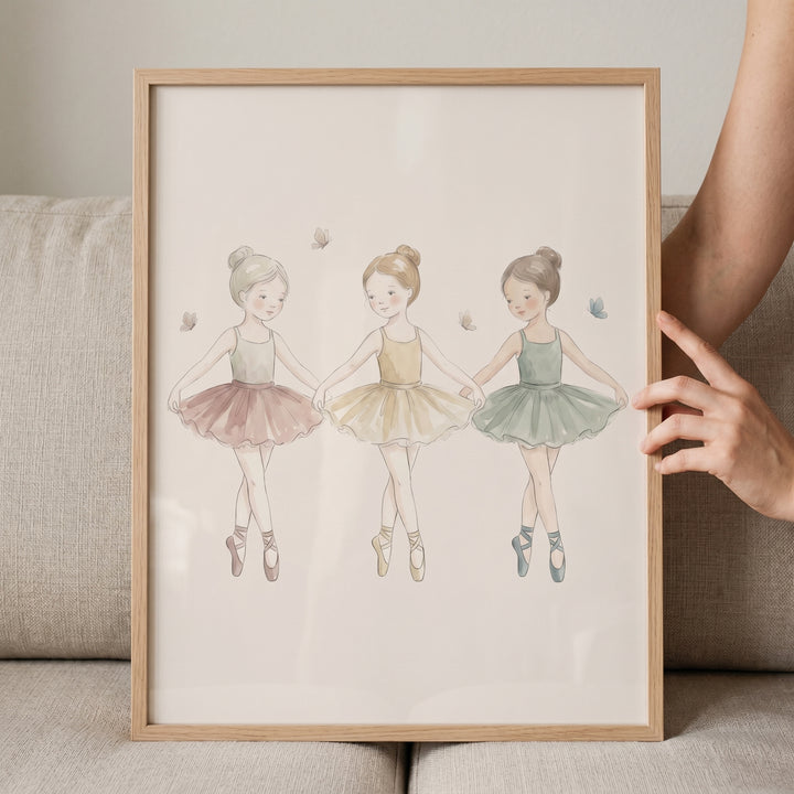 Three girls holding hands in this sage green tutu ballerina artwork alongside dancers in pink and gold with butterflies.