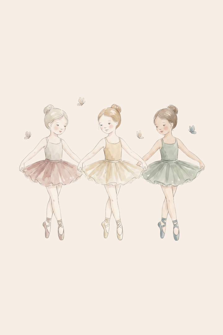 Sage green tutu ballerina artwork hangs above a wooden bed with a floral quilt and a gold wall lamp.