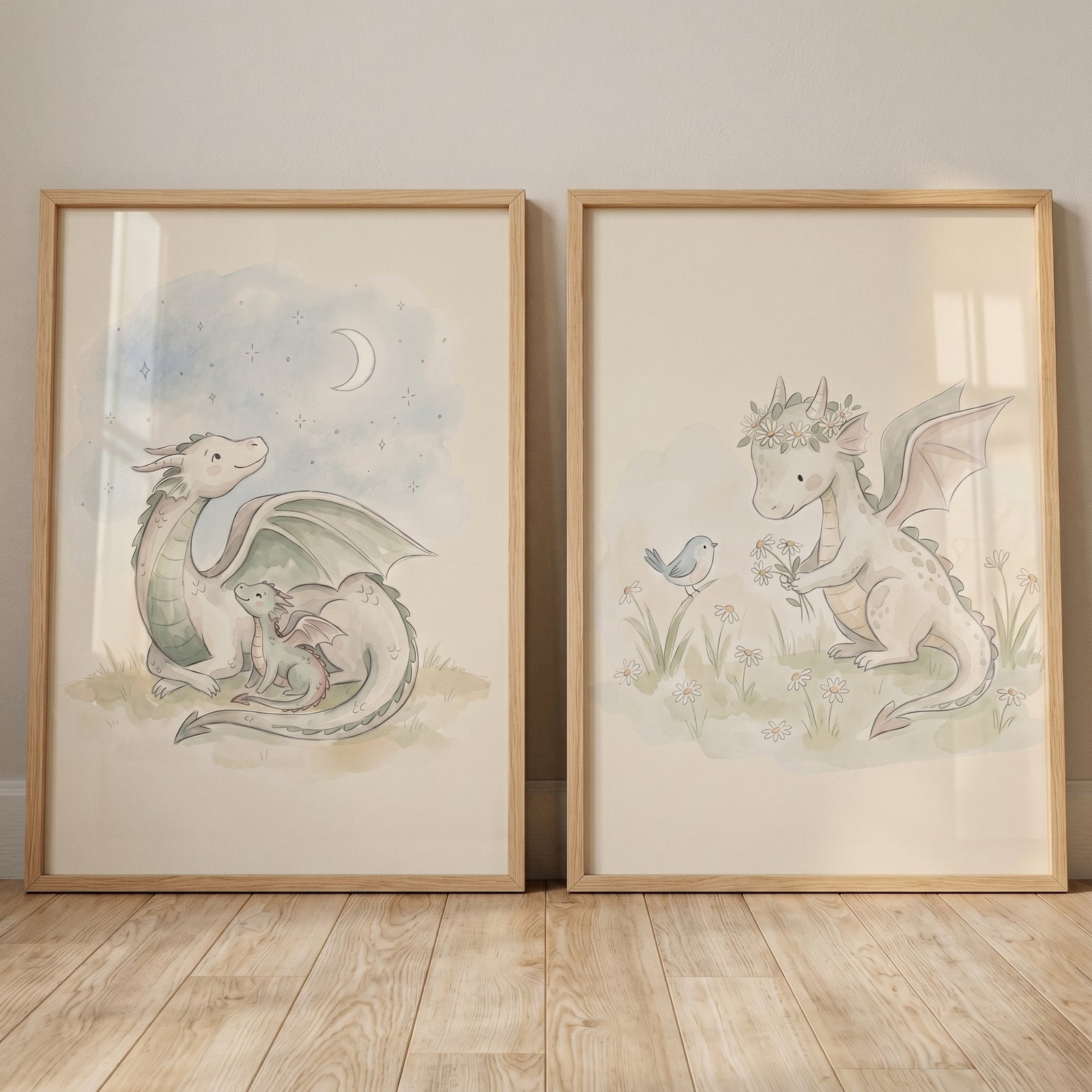 Sage green watercolor dragon print set of 2 showing dragons under a crescent moon and in a meadow with flowers and a bird.
