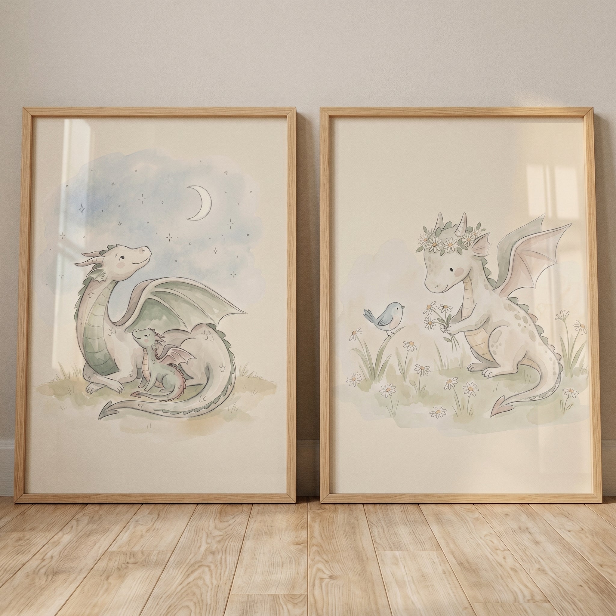 Sage Green Watercolor Dragon Print Set of 2 - Gentle Dragon Dreams