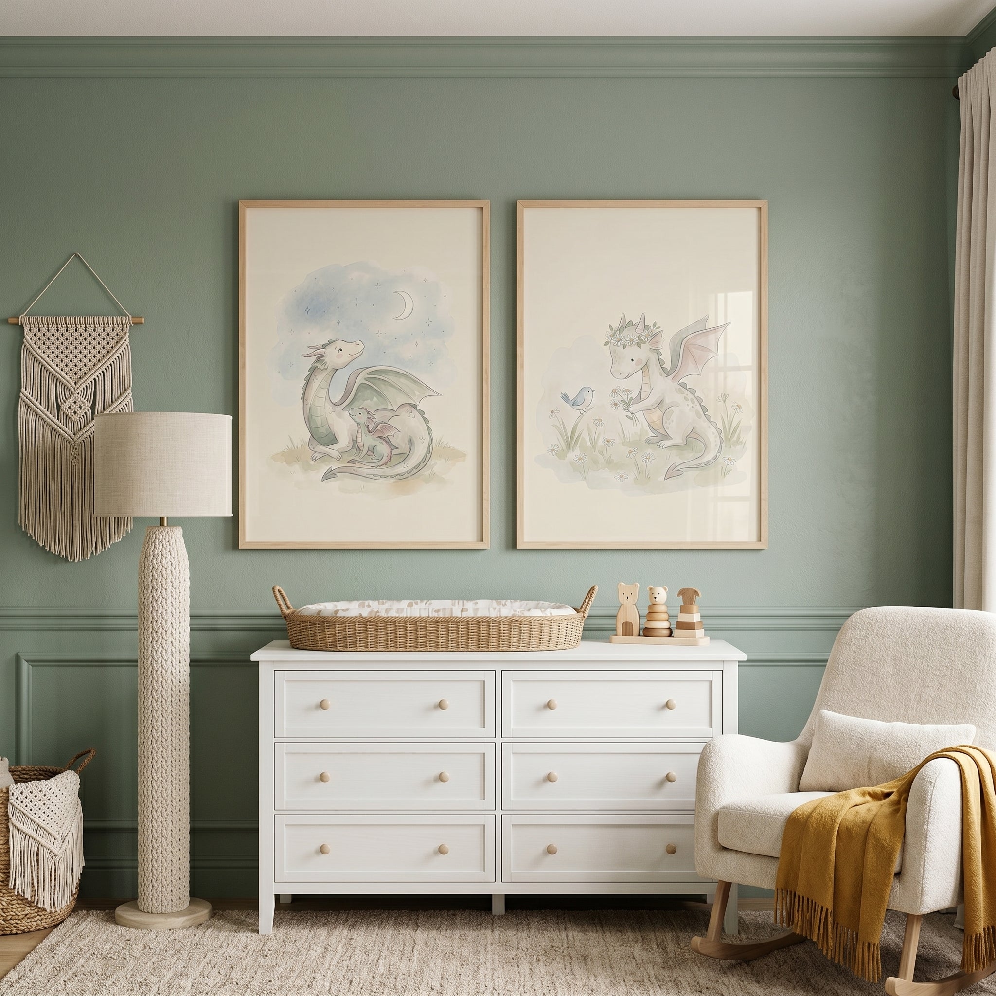 Sage Green Watercolor Dragon Print Set of 2 - Gentle Dragon Dreams