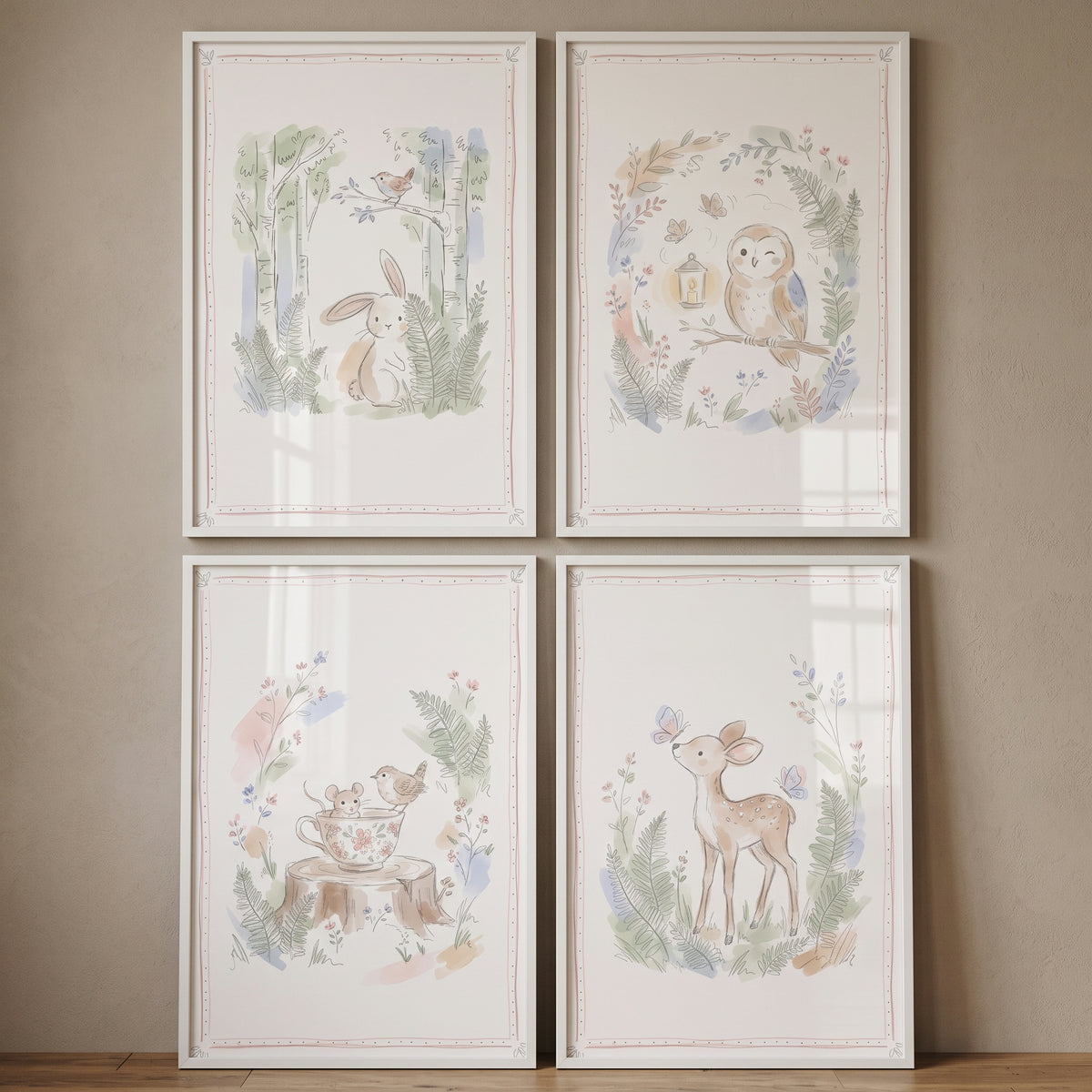 Sage green woodland animals wall art set of 4 featuring a rabbit, owl, deer, and mouse in a soft watercolor style.