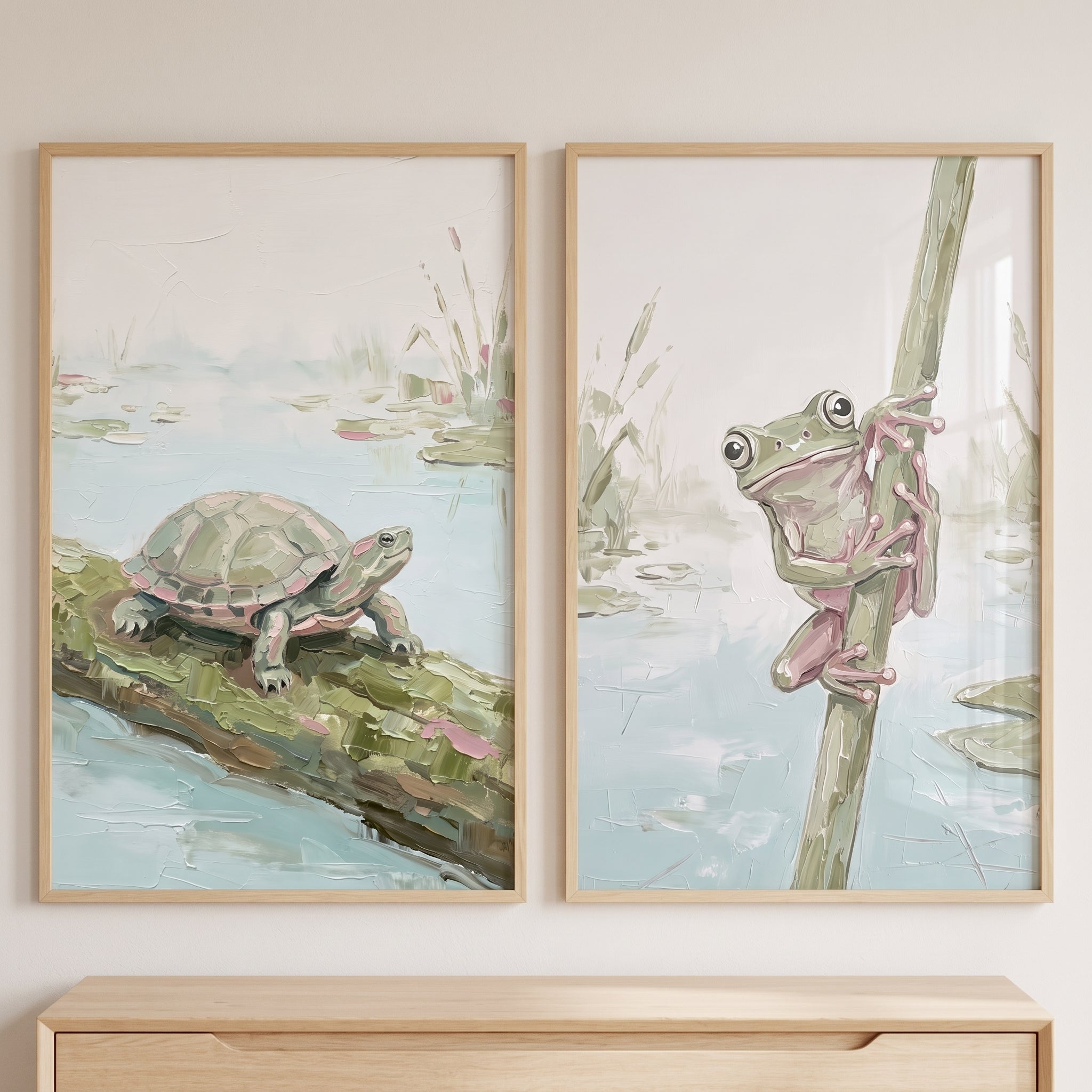 Sage Impasto Style Pond Animals Wall Art Set Of 2 - Marshland Dwellers