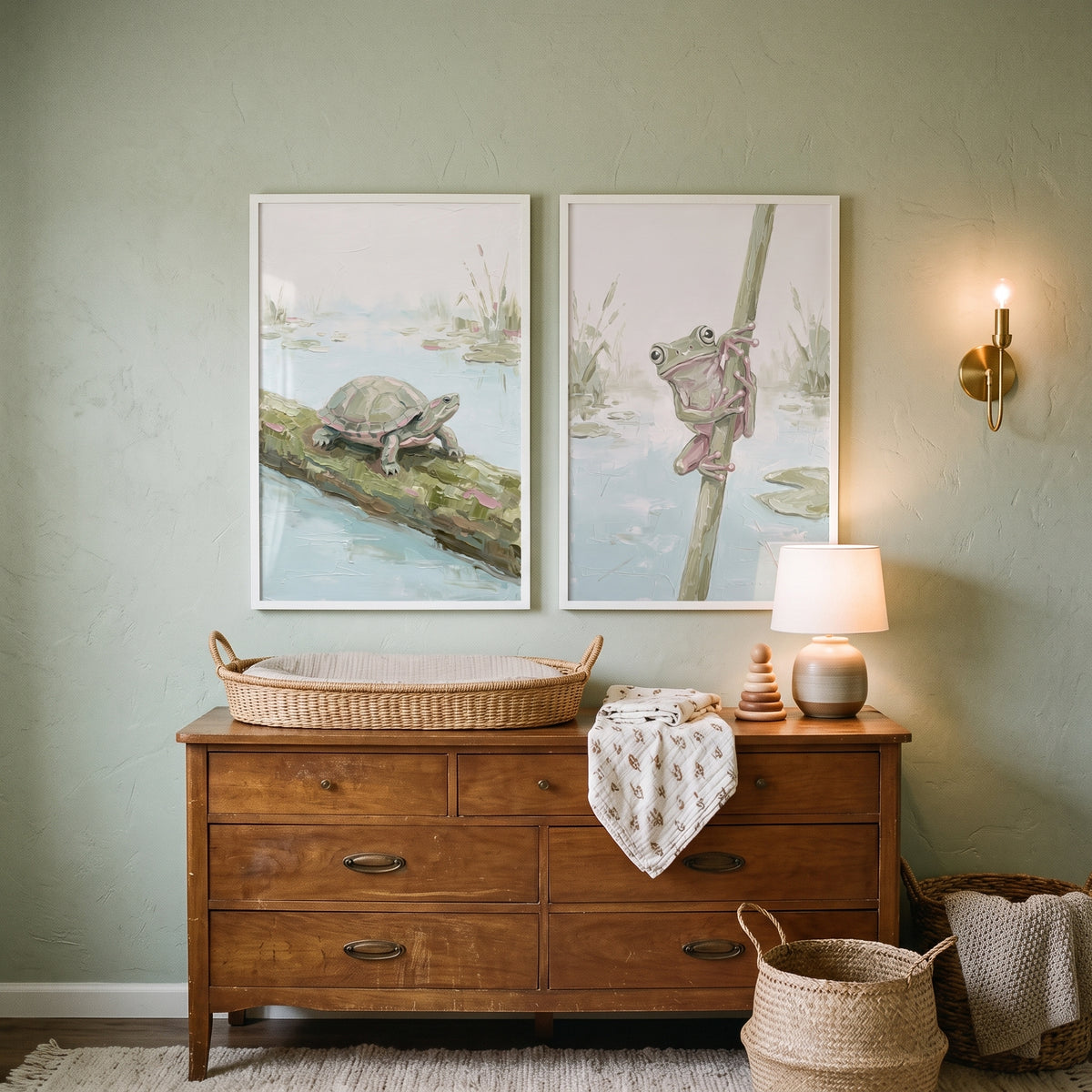 Sage Impasto Style Pond Animals Wall Art Set Of 2 - Marshland Dwellers