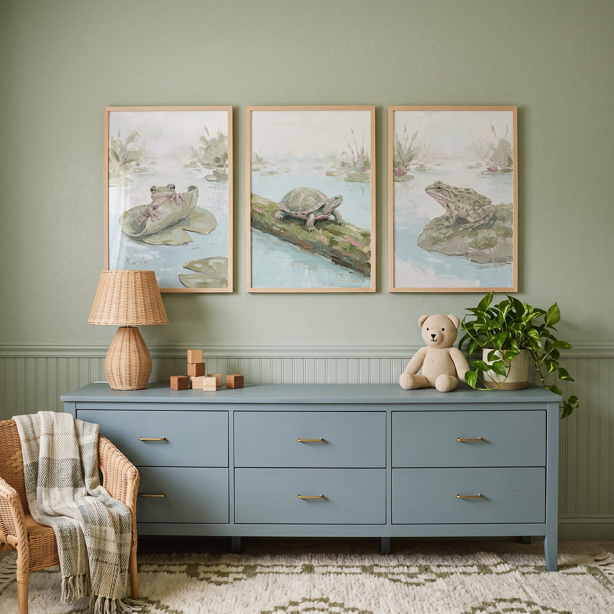 Sage Impasto Style Pond Animals Wall Art Set Of 3 - Pond Life Trio