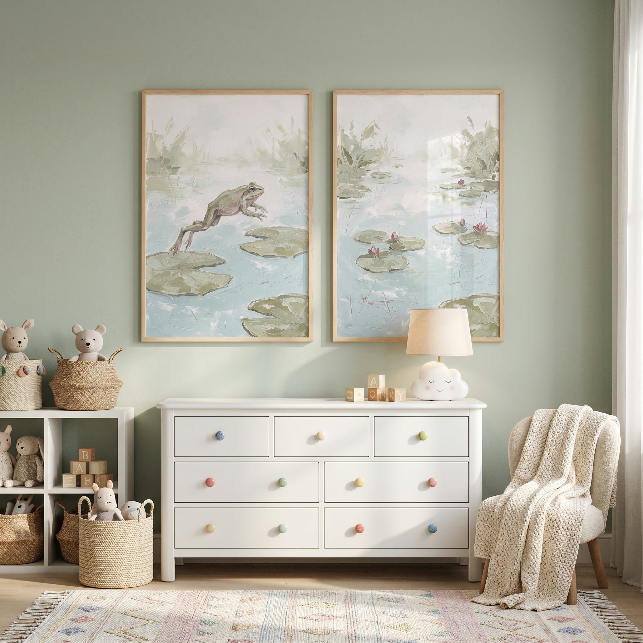 Sage Lily Pad Frog Wall Art Set Of 2 - Serene Marsh Waters