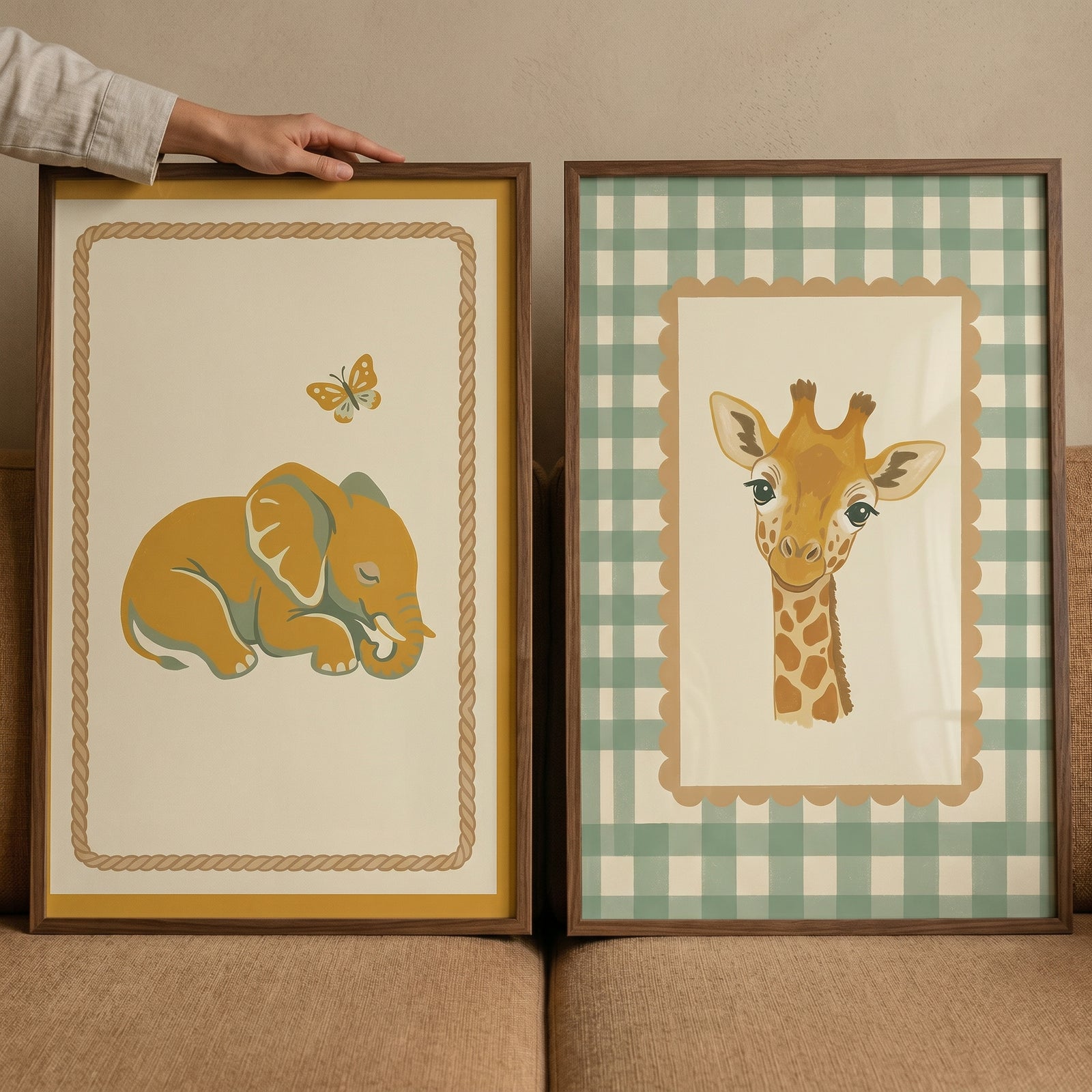 Sage mustard safari animal wall art set of 2 featuring an elephant and giraffe in dark wooden frames.
