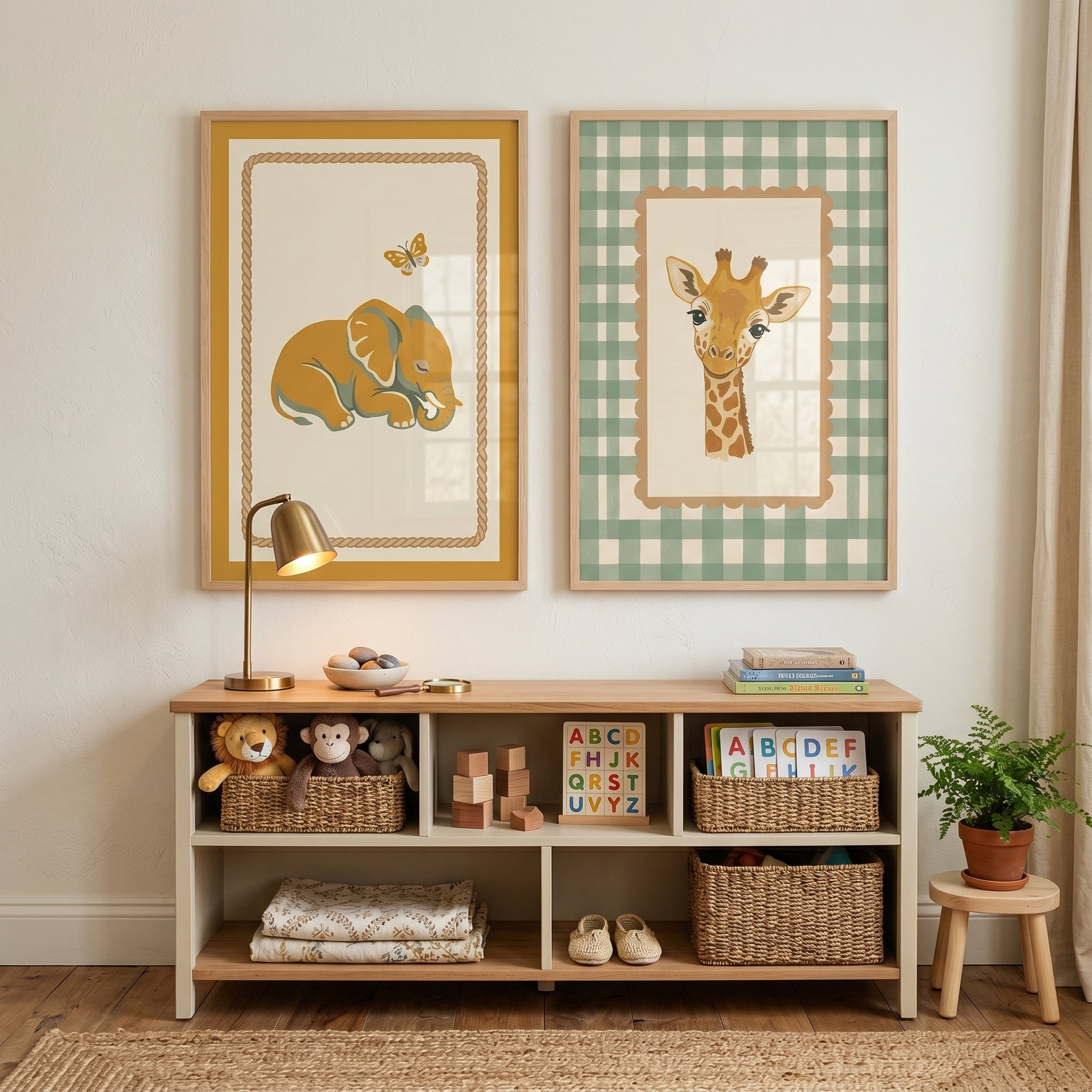 Sage Mustard Safari Animal Wall Art Set of 2 - Safari Friends Duo