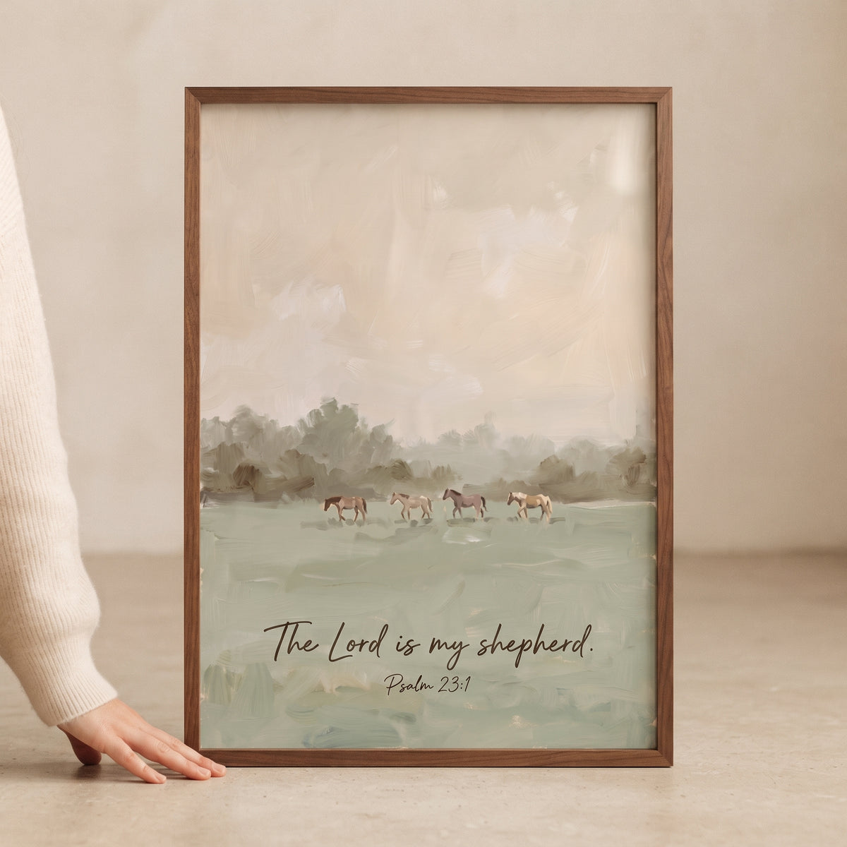 Sage psalm 23 horse wall art shows four horses in a muted landscape with religious text in a brown wood frame.