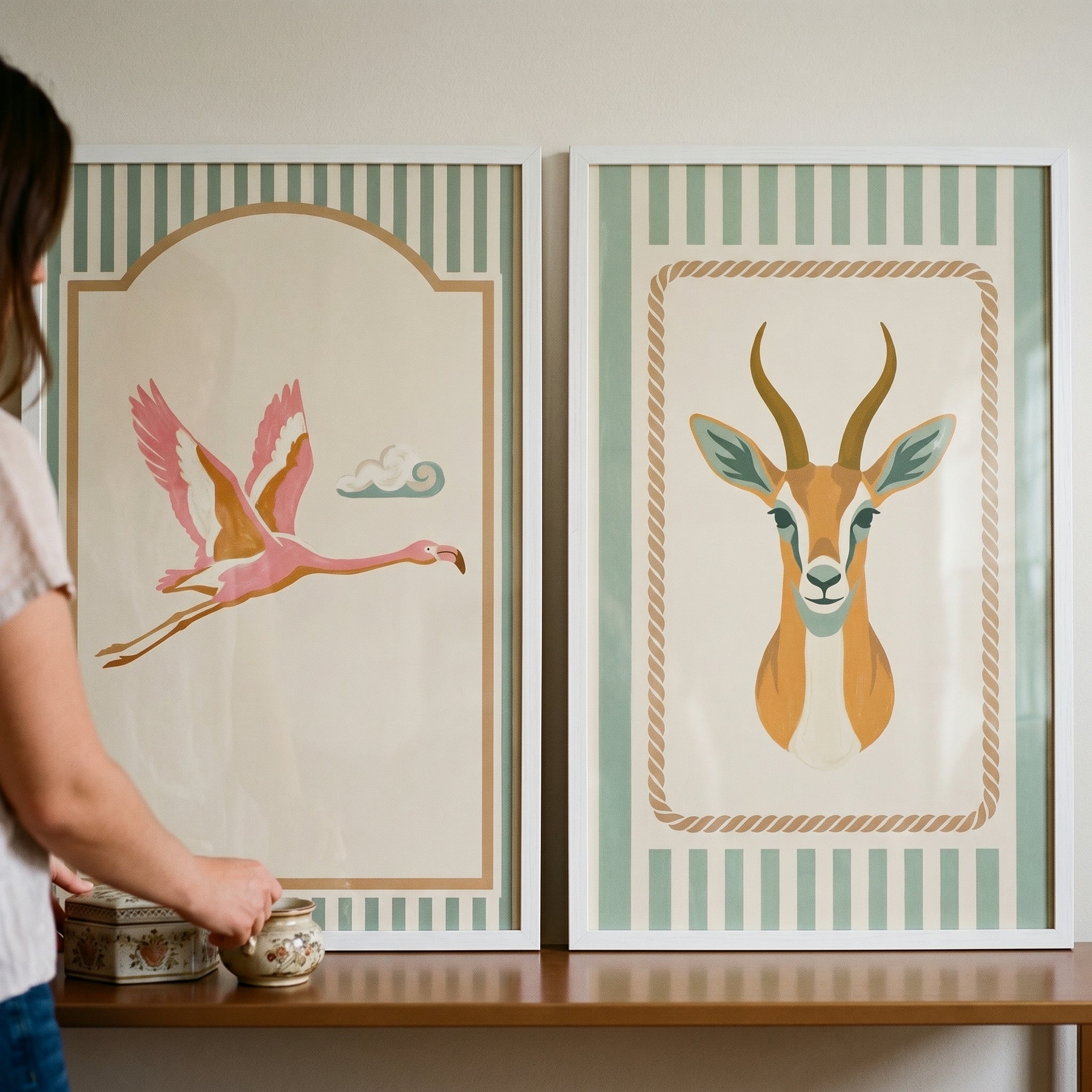 Sage Striped Safari Animals Wall Art Set of 2 - Safari Wildlife Duo