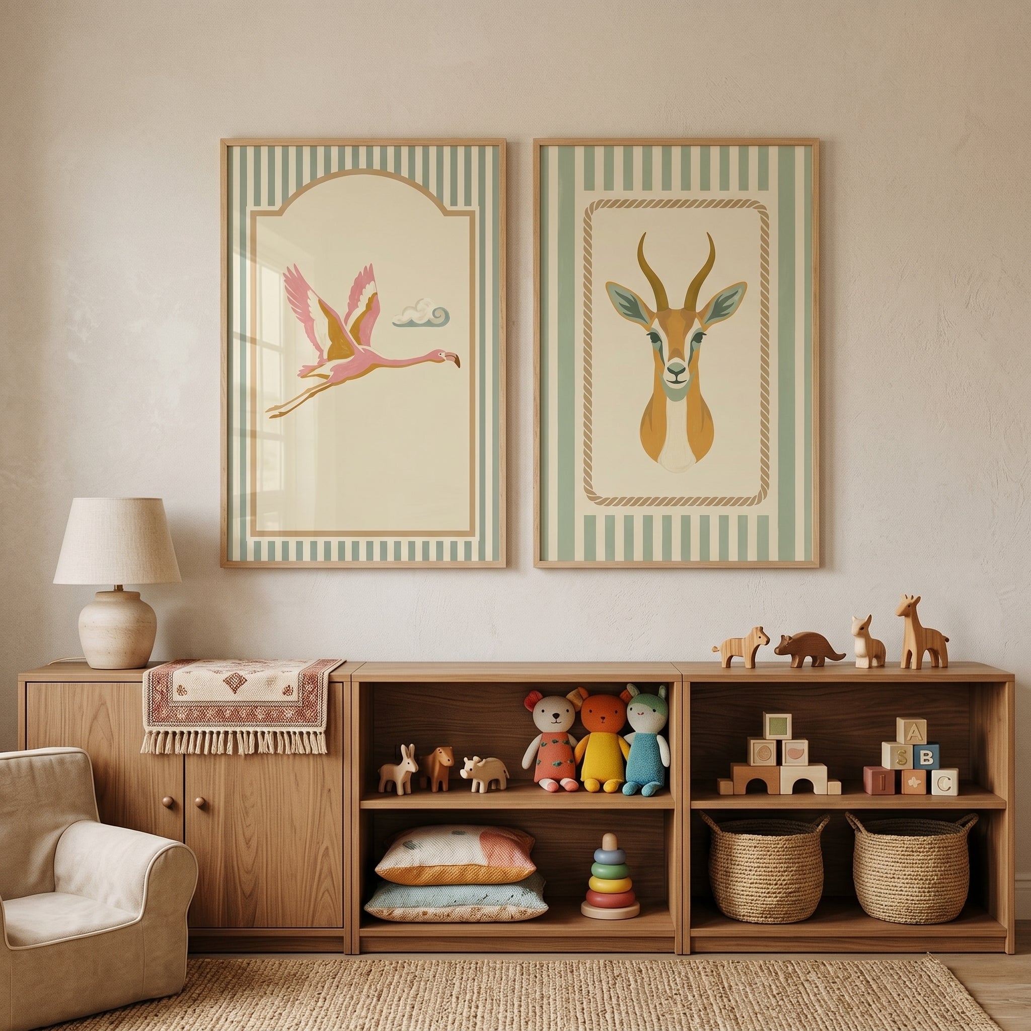 Sage Striped Safari Animals Wall Art Set of 2 - Safari Wildlife Duo
