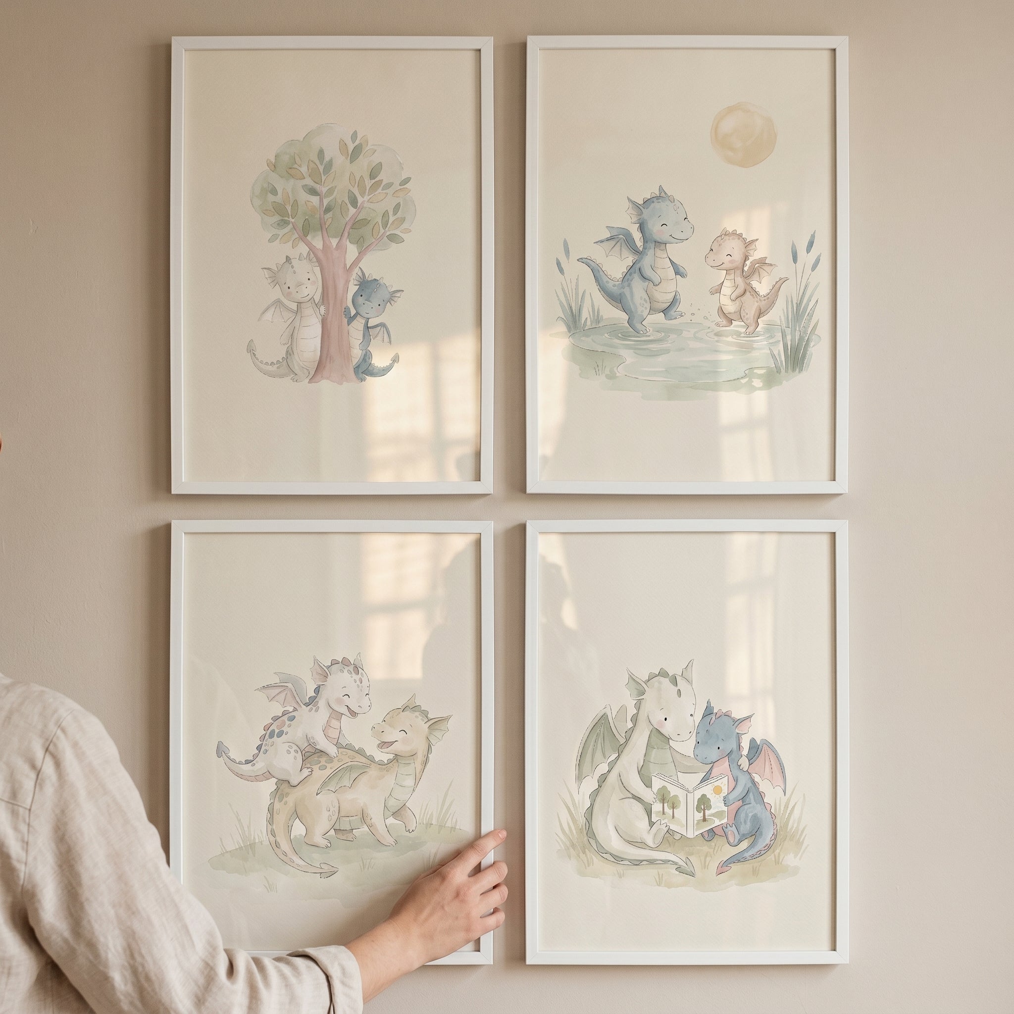 Sage Watercolor Baby Dragon Wall Art Set of 4 - Little Dragon Adventures