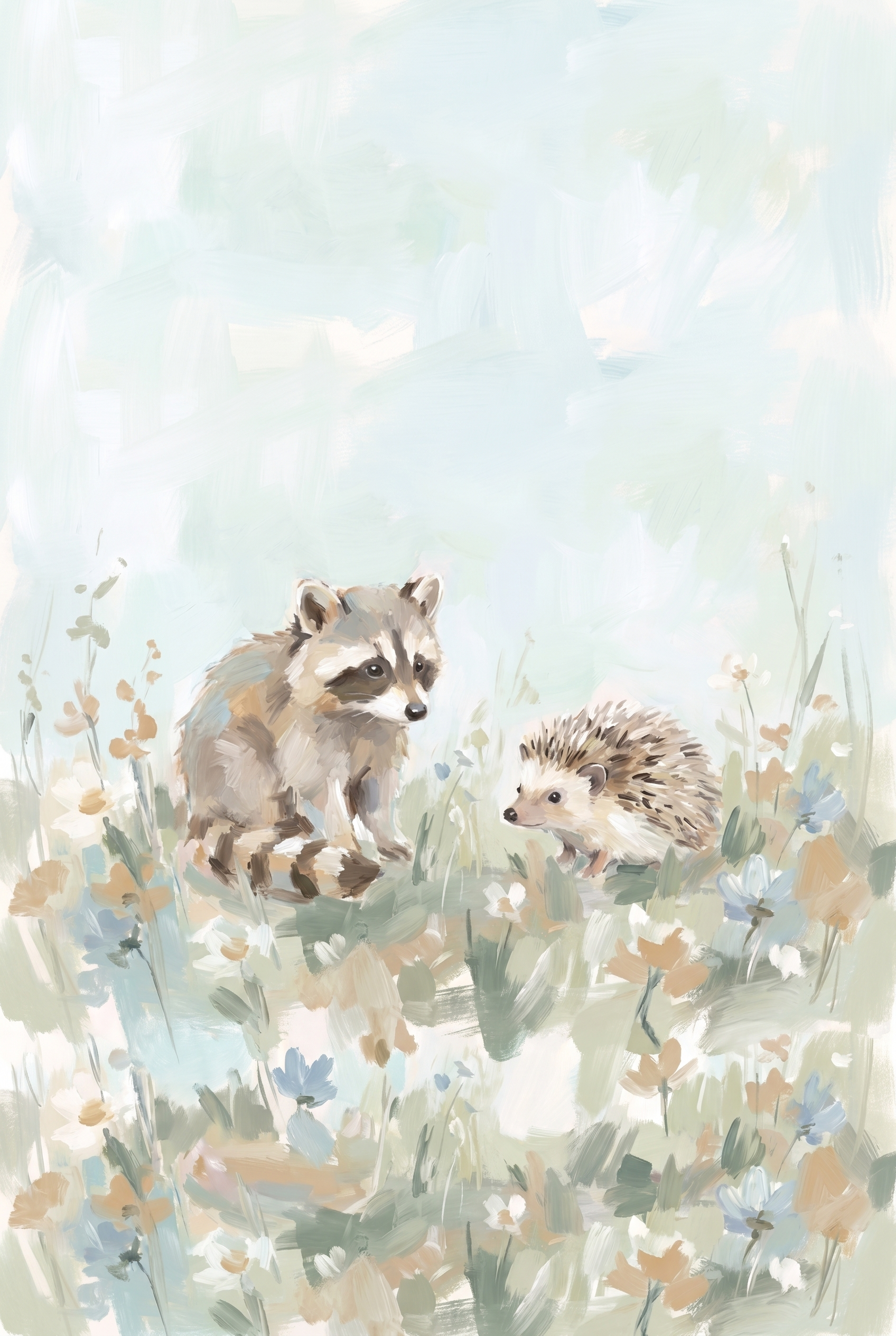 Sage Woodland Raccoon Hedgehog Animals Wall Art - Woodland Meadow Friends