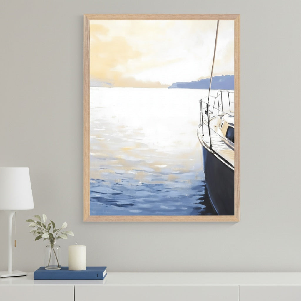 Modern room with a white credenza, a white lamp, vase, book, and candle on top. Above, a framed painting depicts a sailboat's bow on calm blue water, illuminated by a bright yellow sky, in an impressionistic style.