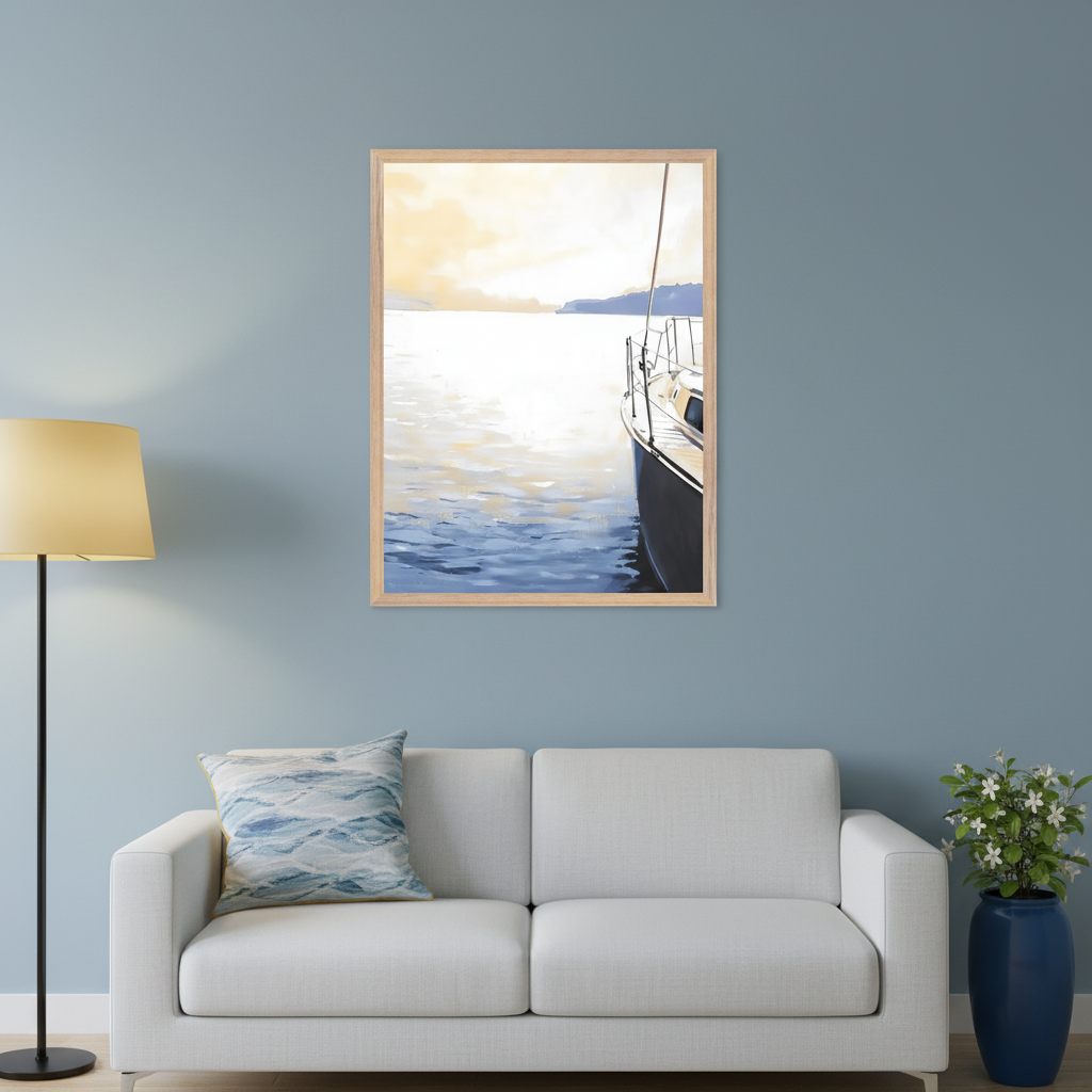 Modern living room with a white two-seater sofa. A framed impressionistic painting of a sailboat on bright water and sky hangs centered above the sofa. A floor lamp is on the left, and a plant in a blue pot is on the right. A blue patterned throw pillow rests on the sofa.