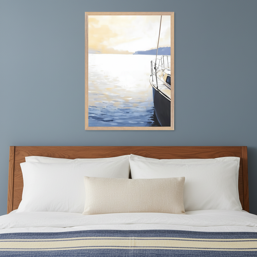 Modern bedroom with a wooden bed frame and white bedding. A framed painting of a sailboat on reflective blue water under a golden sky, with distant land, hangs centered above the bed.