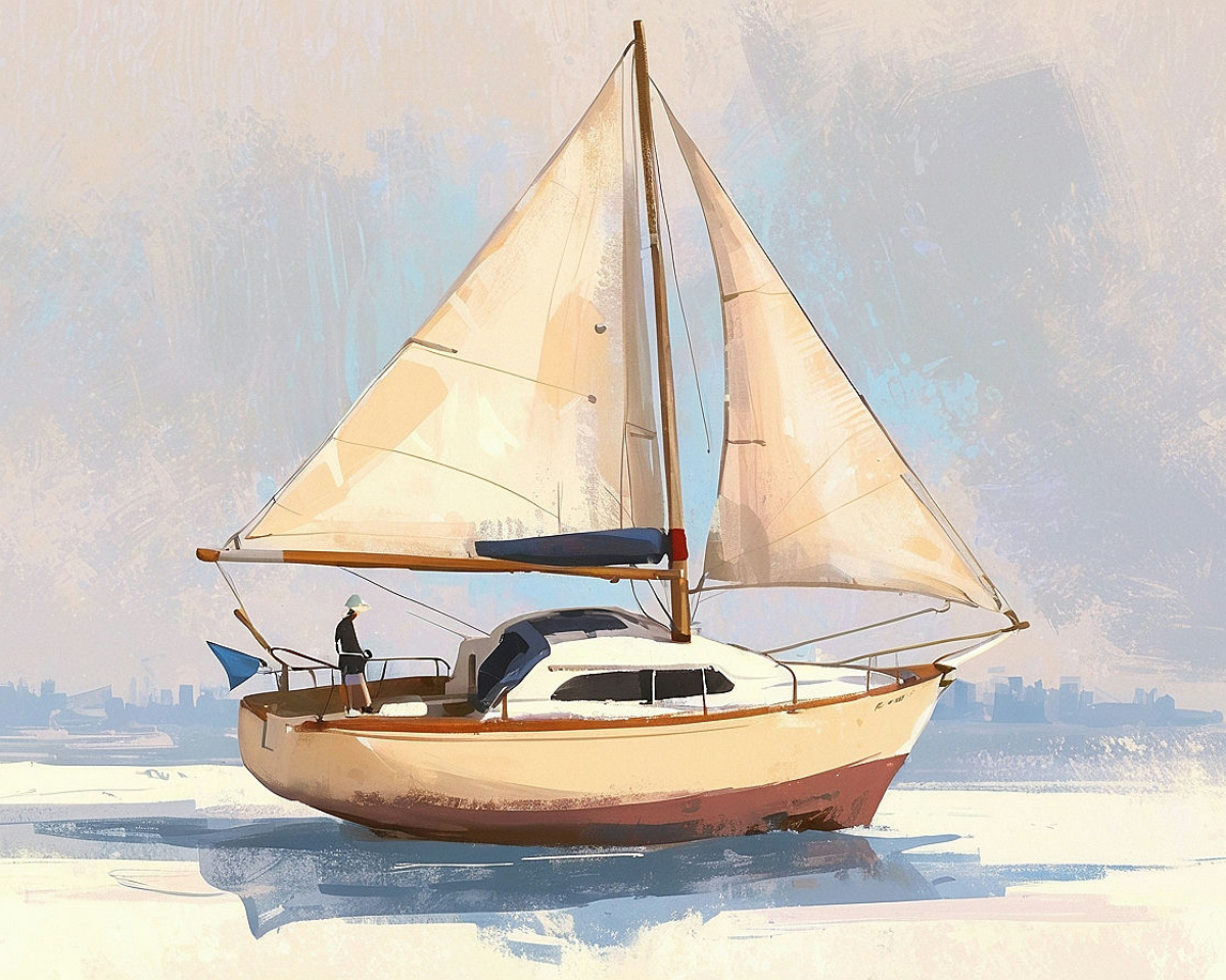 A sailboat with beige sails glides across calm waters, with a person standing on deck wearing a hat. The background features a subtle city skyline under a pastel sky, giving the scene a serene atmosphere.