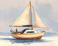 A sailboat with beige sails glides across calm waters, with a person standing on deck wearing a hat. The background features a subtle city skyline under a pastel sky, giving the scene a serene atmosphere.