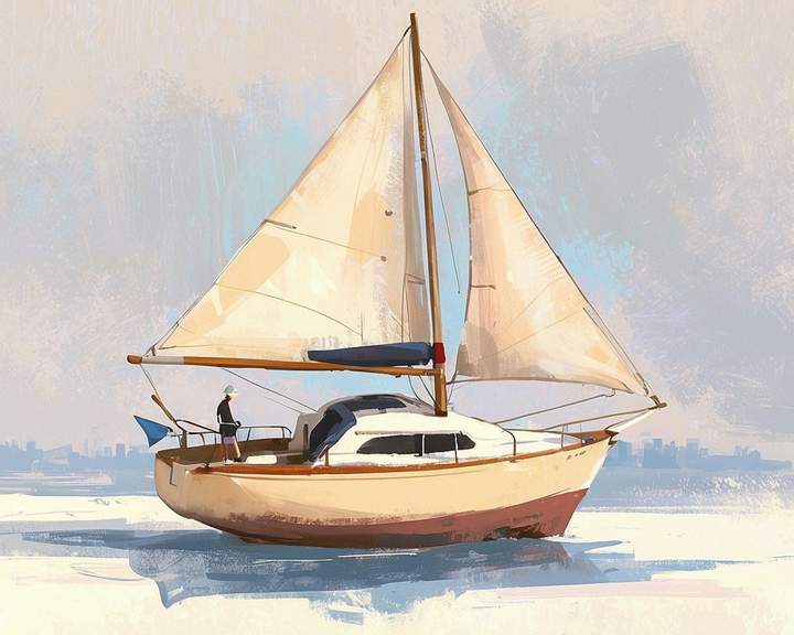 A sailboat with beige sails glides across calm waters, with a person standing on deck wearing a hat. The background features a subtle city skyline under a pastel sky, giving the scene a serene atmosphere.