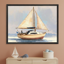 Kid's bedroom with a light wood dresser. A large framed painterly art of a sailboat with sails up on water, a faint city skyline in the background, hangs above the dresser. A toy sailboat and whale are on the dresser.