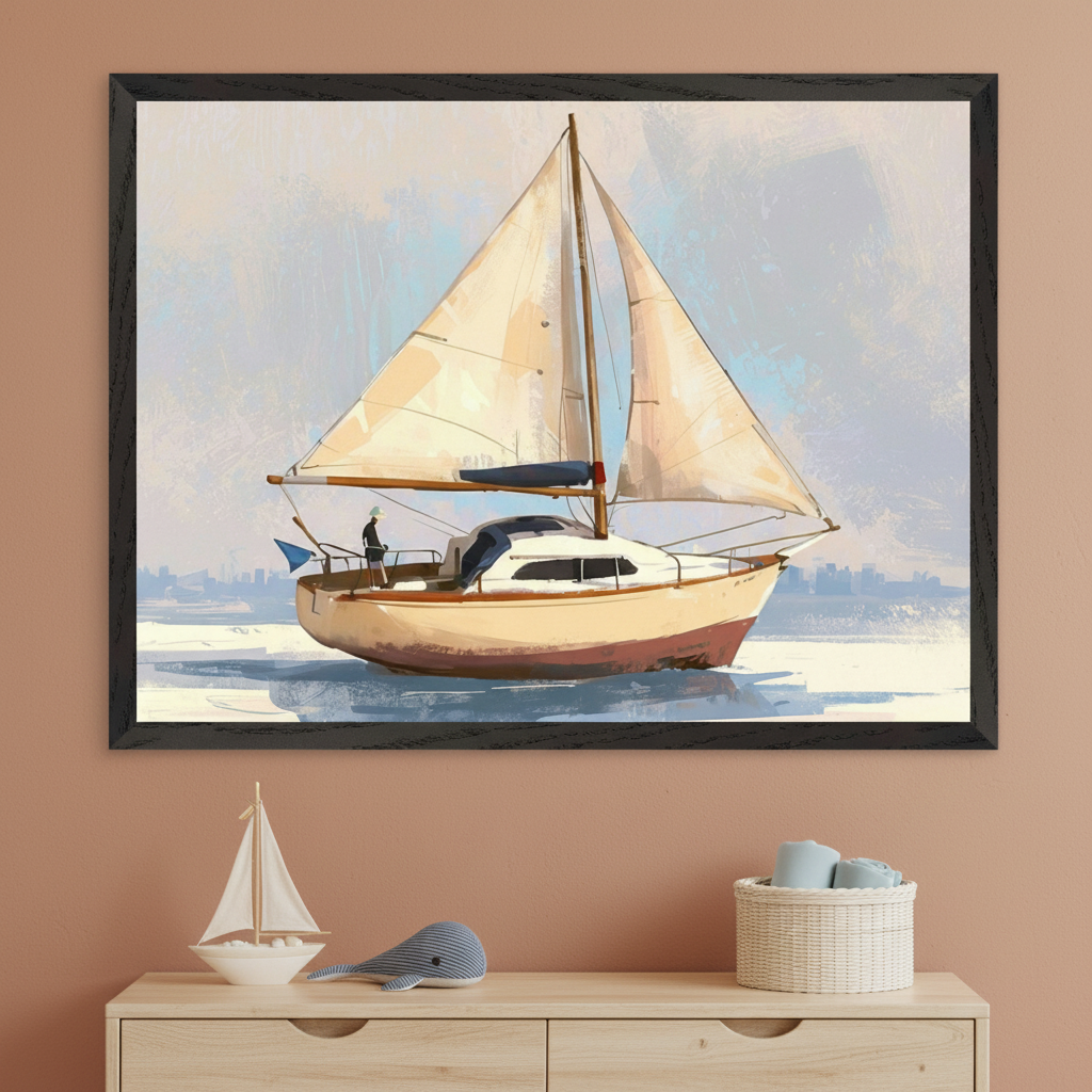 Kid's bedroom with a light wood dresser. A large framed painterly art of a sailboat with sails up on water, a faint city skyline in the background, hangs above the dresser. A toy sailboat and whale are on the dresser.