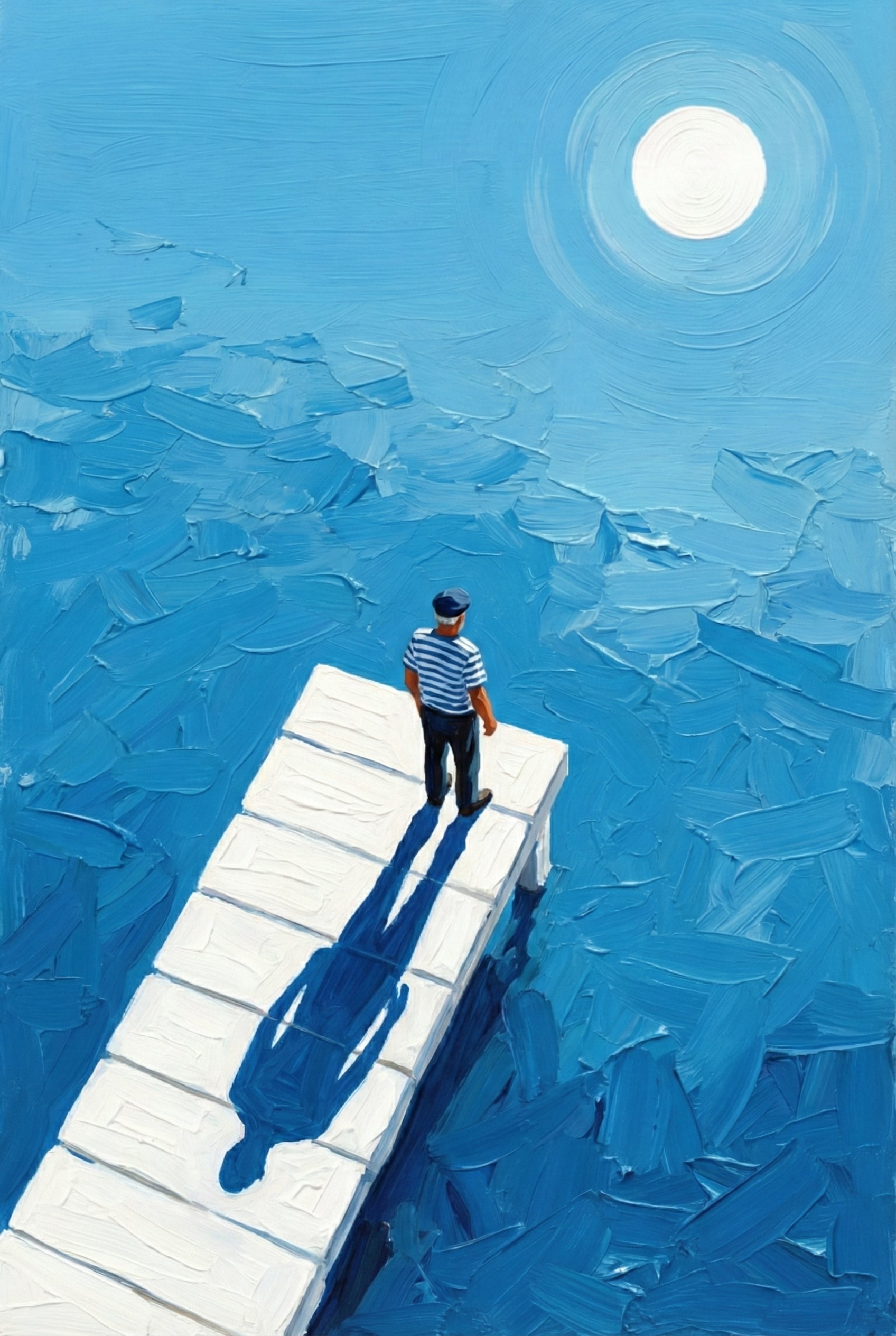 Oil painting of a lone man in a striped shirt and cap standing on a white dock, casting a long shadow as he faces the open sea and bright sky.