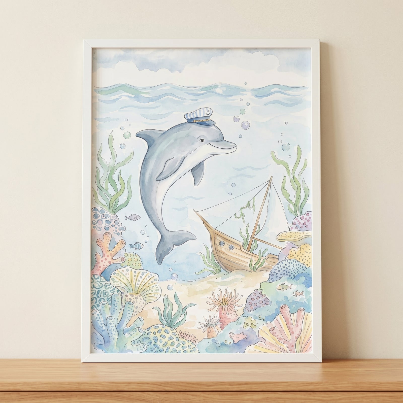 Watercolor sailor hat dolphin wall art featuring a dolphin above a shipwreck and vibrant coral reef in a white frame.