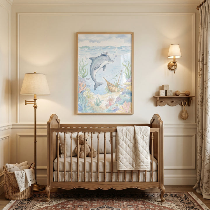 Sailor hat dolphin wall art hangs above a wooden crib in a neutral nursery with warm lighting and a patterned rug.