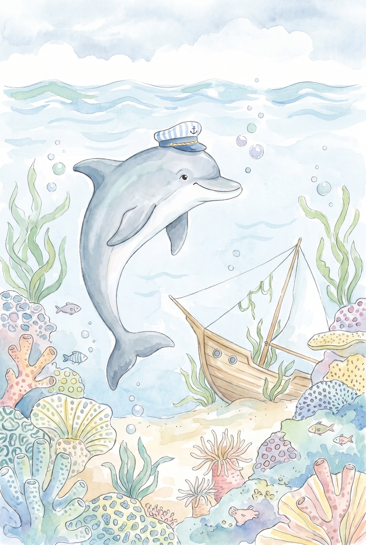 Watercolor sailor hat dolphin wall art swimming underwater past a sunken wooden ship and colorful coral reef.