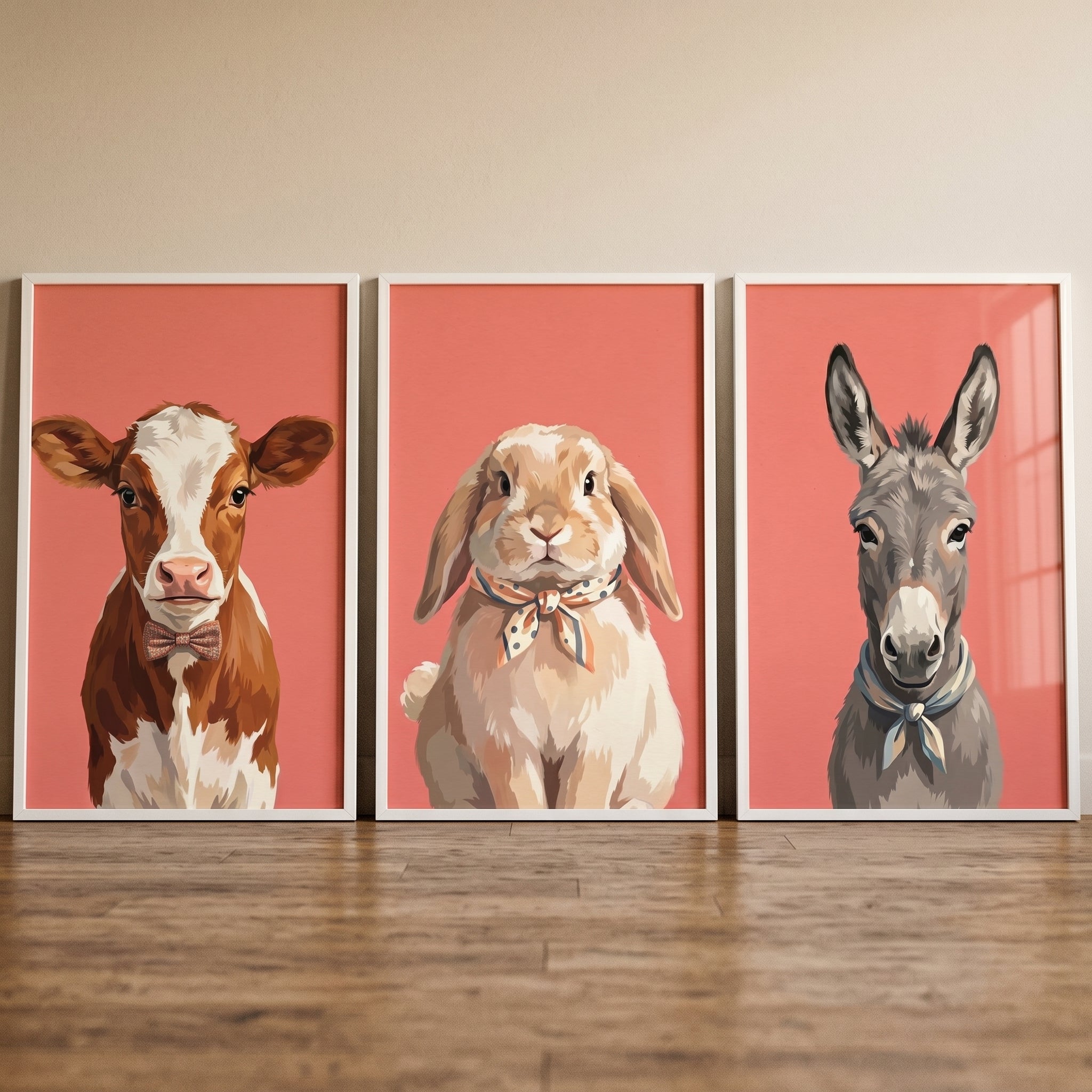 Salmon Pink Farm Animal Wall Art Set of 3 - Dapper Animal Portraits