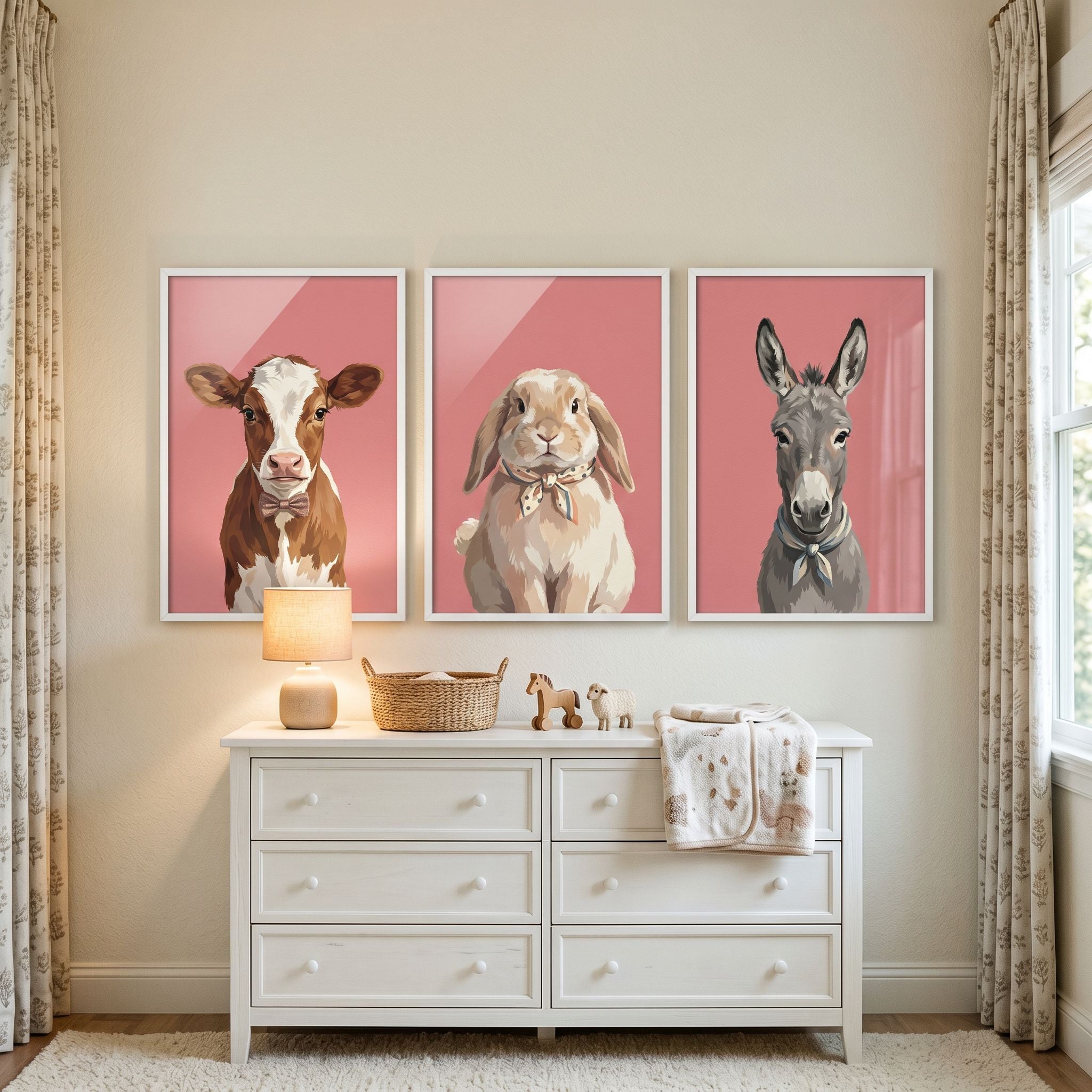 Salmon Pink Farm Animal Wall Art Set of 3 - Dapper Animal Portraits