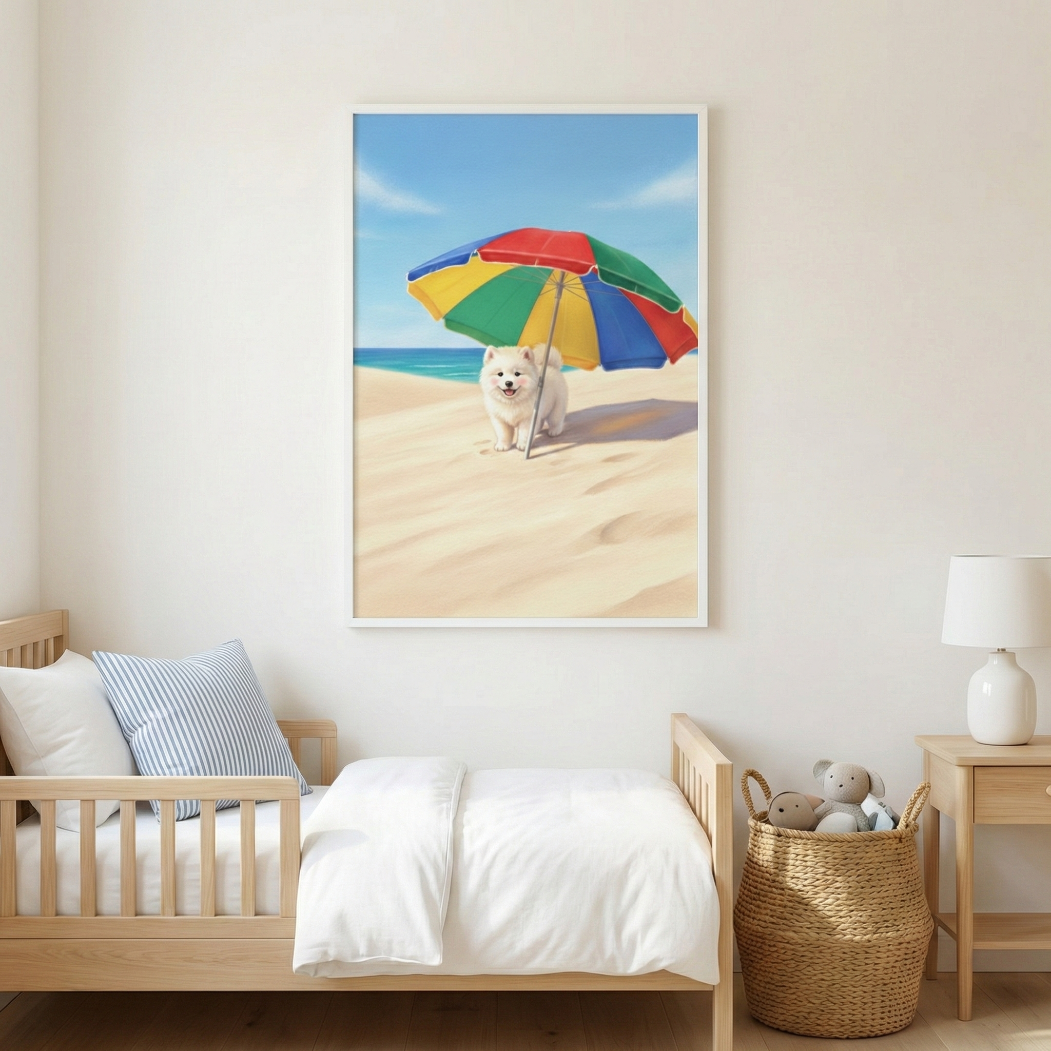 A bright, minimalist child's bedroom features a light wood toddler bed with white and blue striped pillows. Hanging above the bed is a large framed illustration of a fluffy white dog standing on a sun-drenched beach beneath a colorful, multi-paneled umbrella. To the right, a simple wooden nightstand holds a white lamp, and a large woven basket sits on the floor, filled with soft stuffed toys. The entire room is bathed in natural light, creating a peaceful and playful atmosphere.