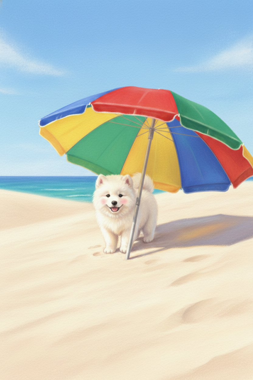 An illustration of a small, fluffy white puppy with a cheerful expression and rosy cheeks standing on a sun-drenched beach. The puppy is positioned directly under a large, colorful beach umbrella with segments of red, yellow, green, and blue. In the background, light blue waves meet the sandy shore under a clear sky. A soft shadow is cast onto the light-colored sand behind the puppy and the umbrella, which is planted firmly in the ground. The artwork has a soft, textured finish.