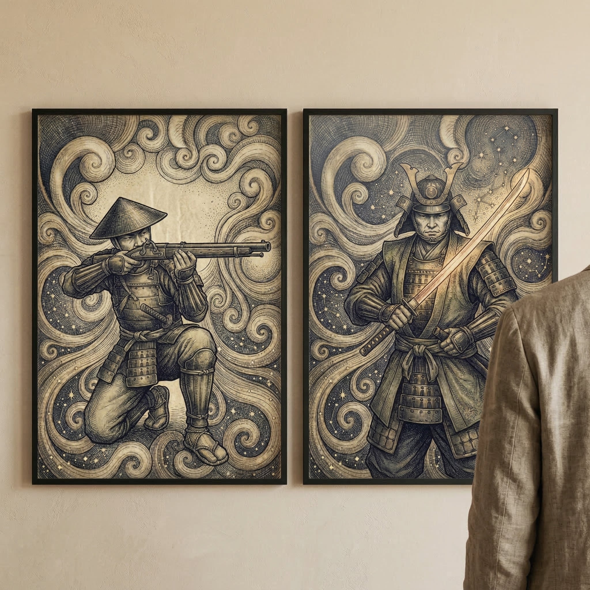 Samurai Wall Art Set of 2 - Celestial Samurai Honor