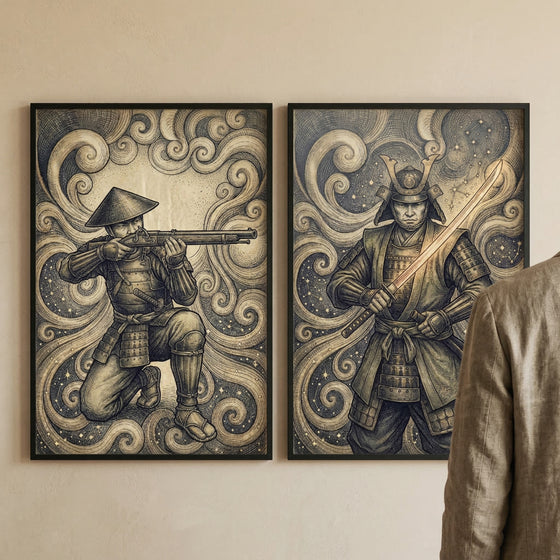 A pair of framed vertical diptych illustrations displayed side-by-side on a neutral-toned wall. The left illustration depicts a historical Japanese infantryman in detailed armor and a conical hat, kneeling and aiming a classic matchlock musket. The right illustration portrays a samurai in full ornate armor, standing with a drawn katana that emits a faint, ethereal golden light. Both figures are set against a background of intricate, swirling celestial clouds and constellations in a night sky. 