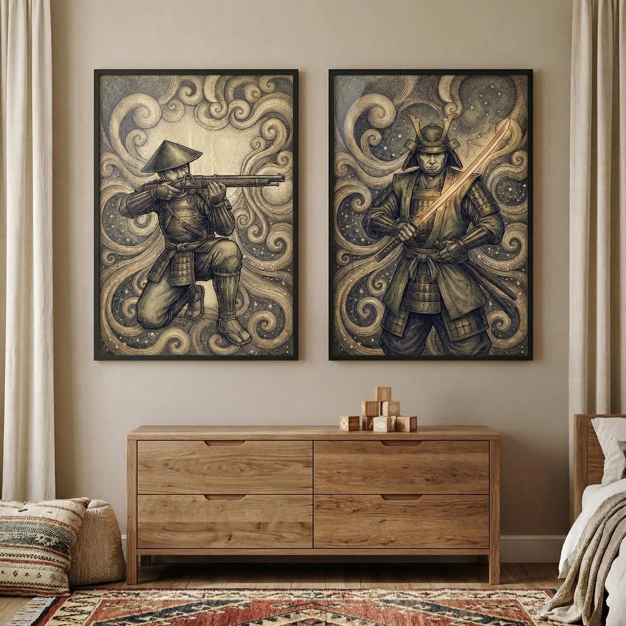 Samurai Wall Art Set of 2 - Celestial Samurai Honor