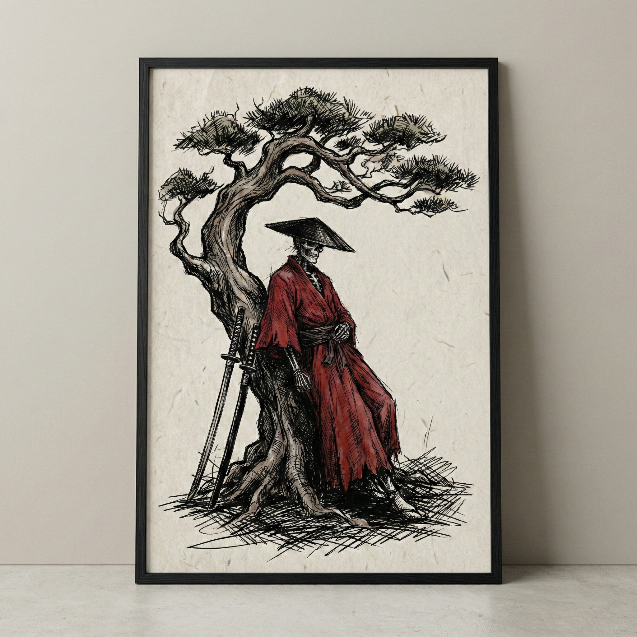 A framed illustration depicts a skeletal figure in a tattered red robe and a wide black conical hat, leaning against the gnarled trunk of a twisted tree. Two long swords rest against the tree's base. The artwork is rendered with fine ink lines and cross-hatching on a textured, cream-colored background, giving it an aged, sketched appearance. The piece is set within a minimalist black frame and displayed against a neutral-toned wall.