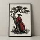 A framed illustration depicts a skeletal figure in a tattered red robe and a wide black conical hat, leaning against the gnarled trunk of a twisted tree. Two long swords rest against the tree's base. The artwork is rendered with fine ink lines and cross-hatching on a textured, cream-colored background, giving it an aged, sketched appearance. The piece is set within a minimalist black frame and displayed against a neutral-toned wall.