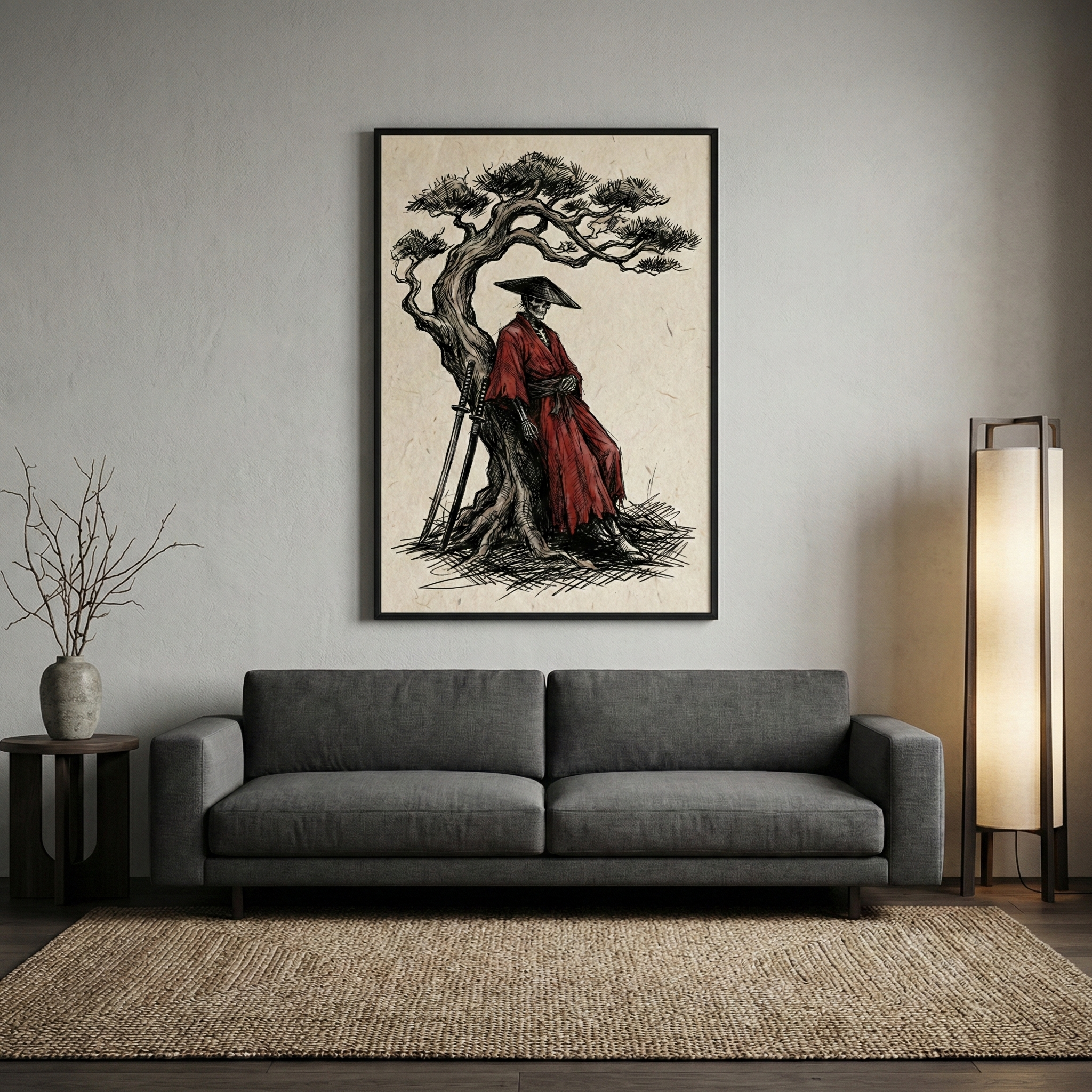 A minimalist living room featuring a dark grey sofa against a light grey wall. Centered above the sofa is a large black-framed artwork on parchment-colored paper, depicting a figure in a red robe and a black conical hat leaning against a gnarled tree with a sword. To the left is a small table with a vase of branches, and to the right is a tall, glowing floor lamp. A neutral-toned, textured woven rug lies on the floor in front of the sofa.