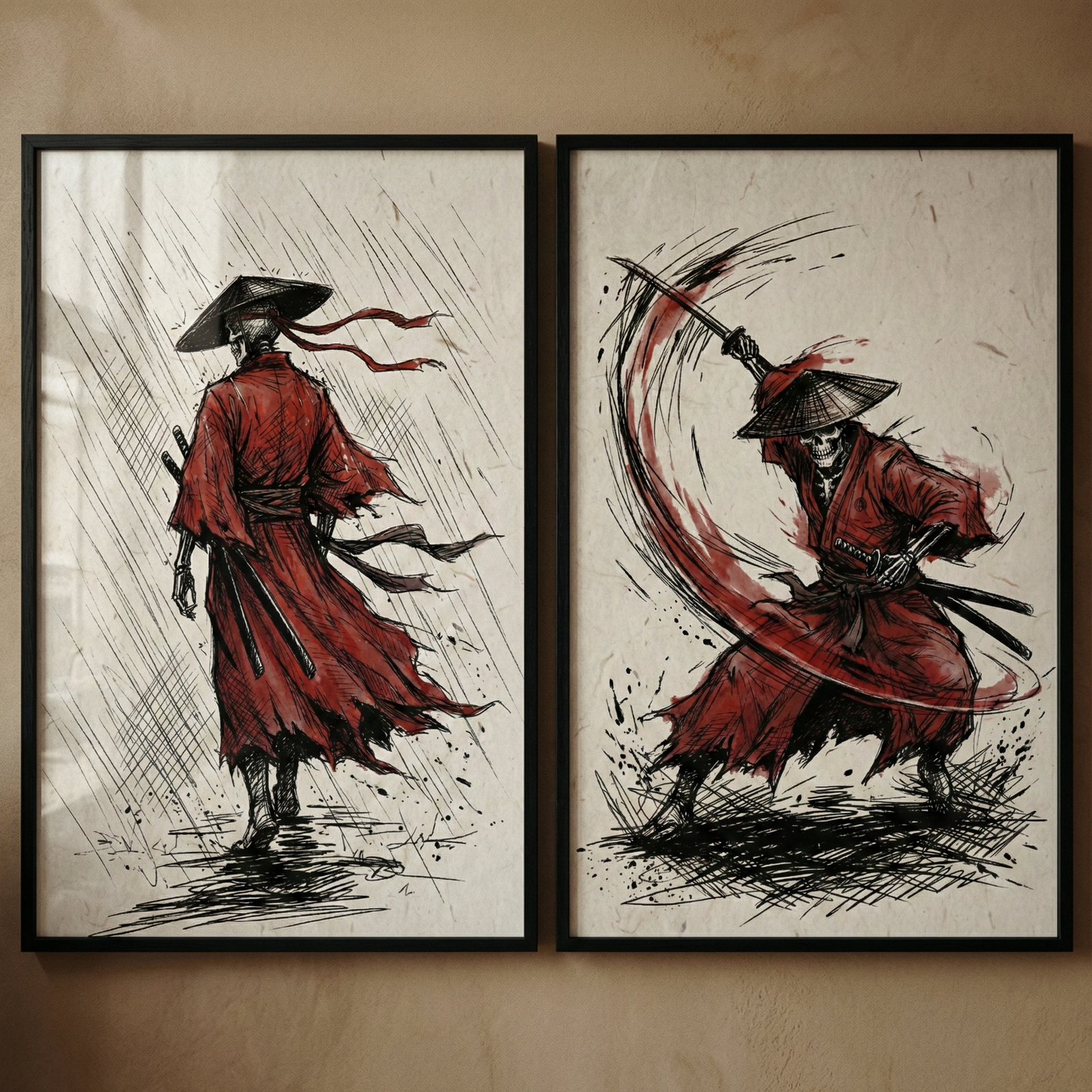 Two vertical black-framed artworks hang side-by-side. The left image shows a skeletal figure in a tattered red robe and conical hat from behind, walking through heavy rain. On the right, the same figure is in a dynamic action pose, swinging a sword that leaves a wide red arc in its path. These high-contrast ink and charcoal illustrations use bold black lines and vibrant red accents on a textured, light-colored background to create a gritty, dramatic atmosphere.