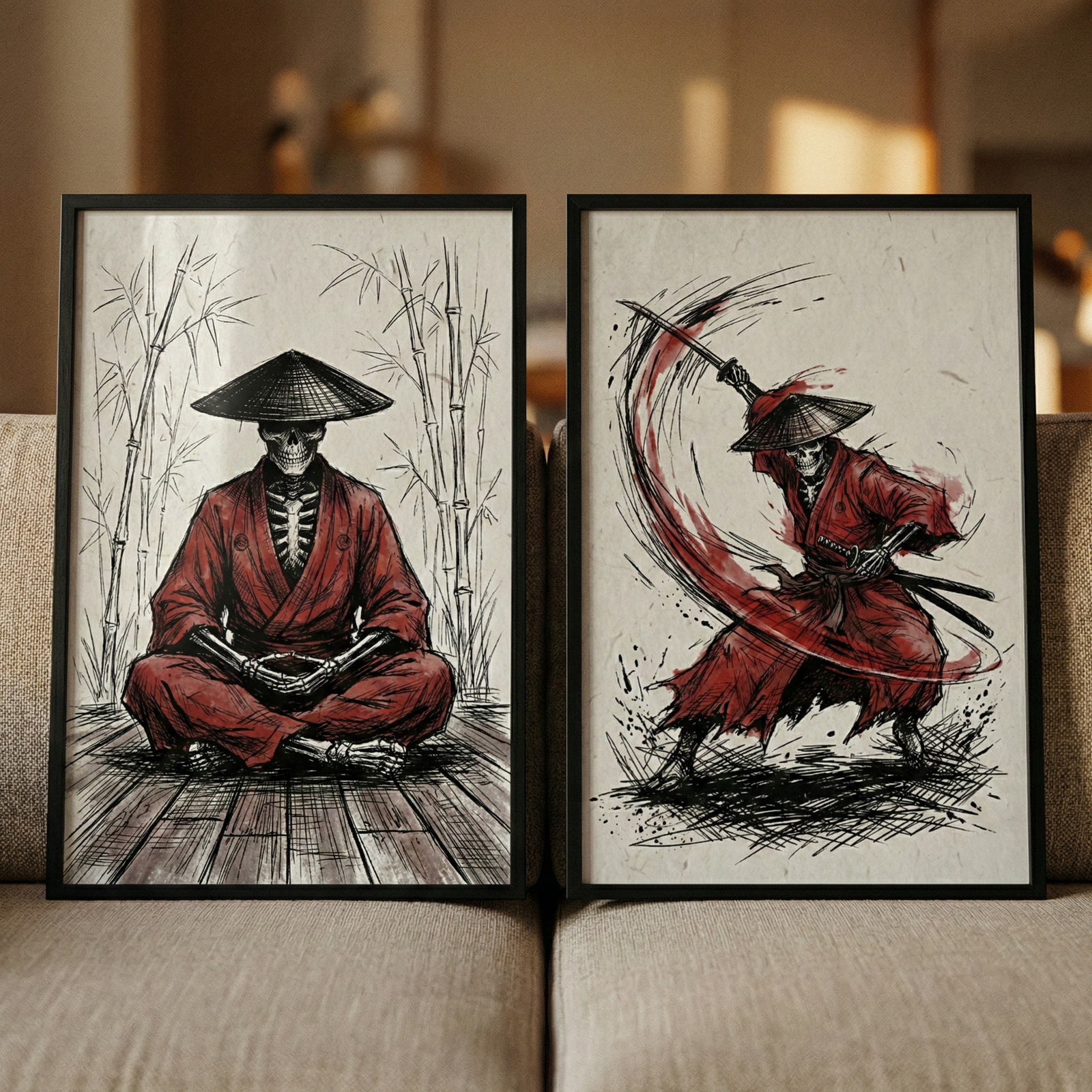 Two black-framed vertical artworks lean against each other on a neutral-toned couch. Both illustrations feature a skeletal figure dressed in a red kimono and a dark, wide-brimmed conical hat. The left illustration shows the figure sitting in a calm, cross-legged meditative pose on a wooden floor with bamboo stalks in the background. The right illustration depicts the figure in a dynamic action pose, lunging forward while swinging a long blade that leaves a sweeping red arc in its wake, surrounded by express
