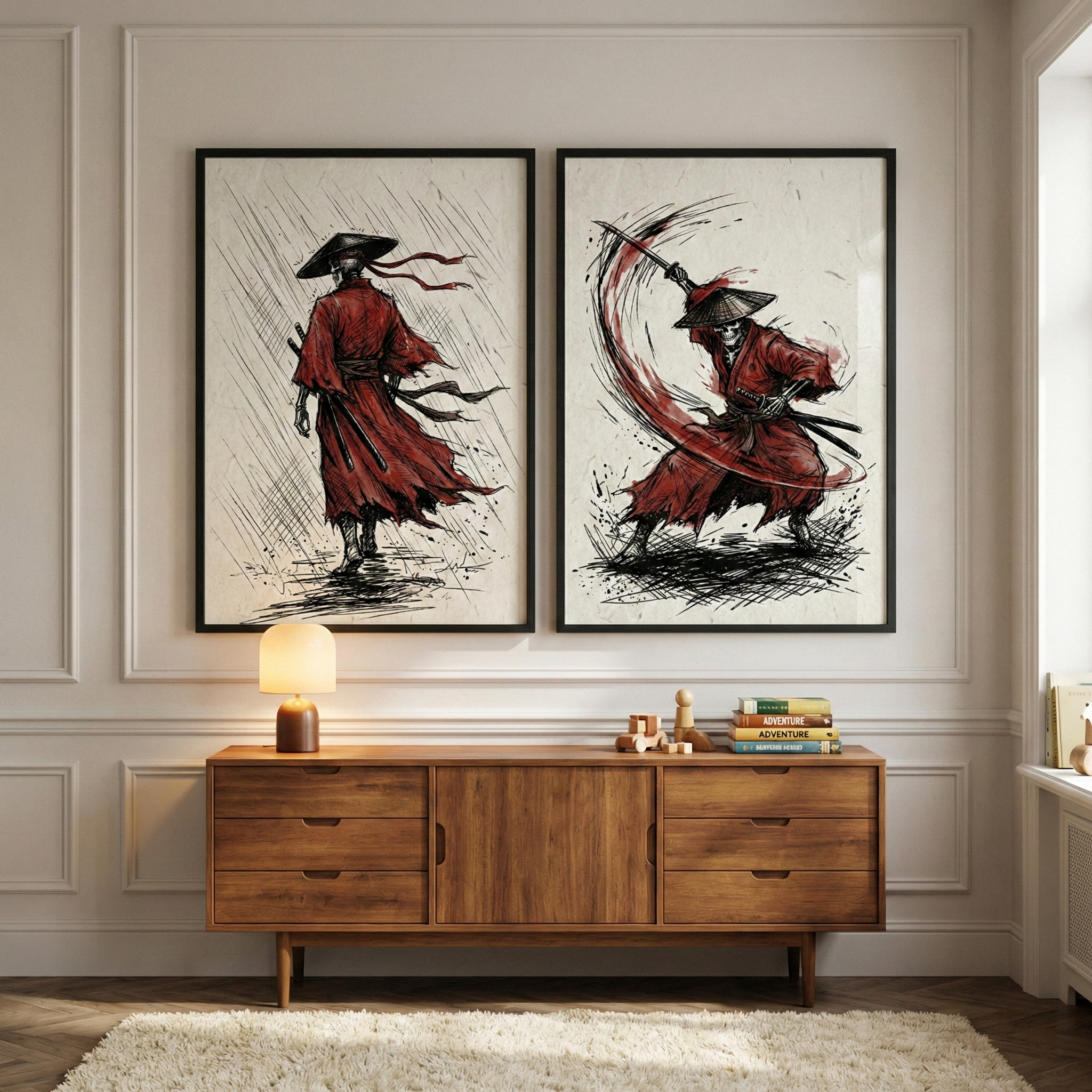 Samurai Skeleton Art Set of 2 - Crimson Bone Ronin