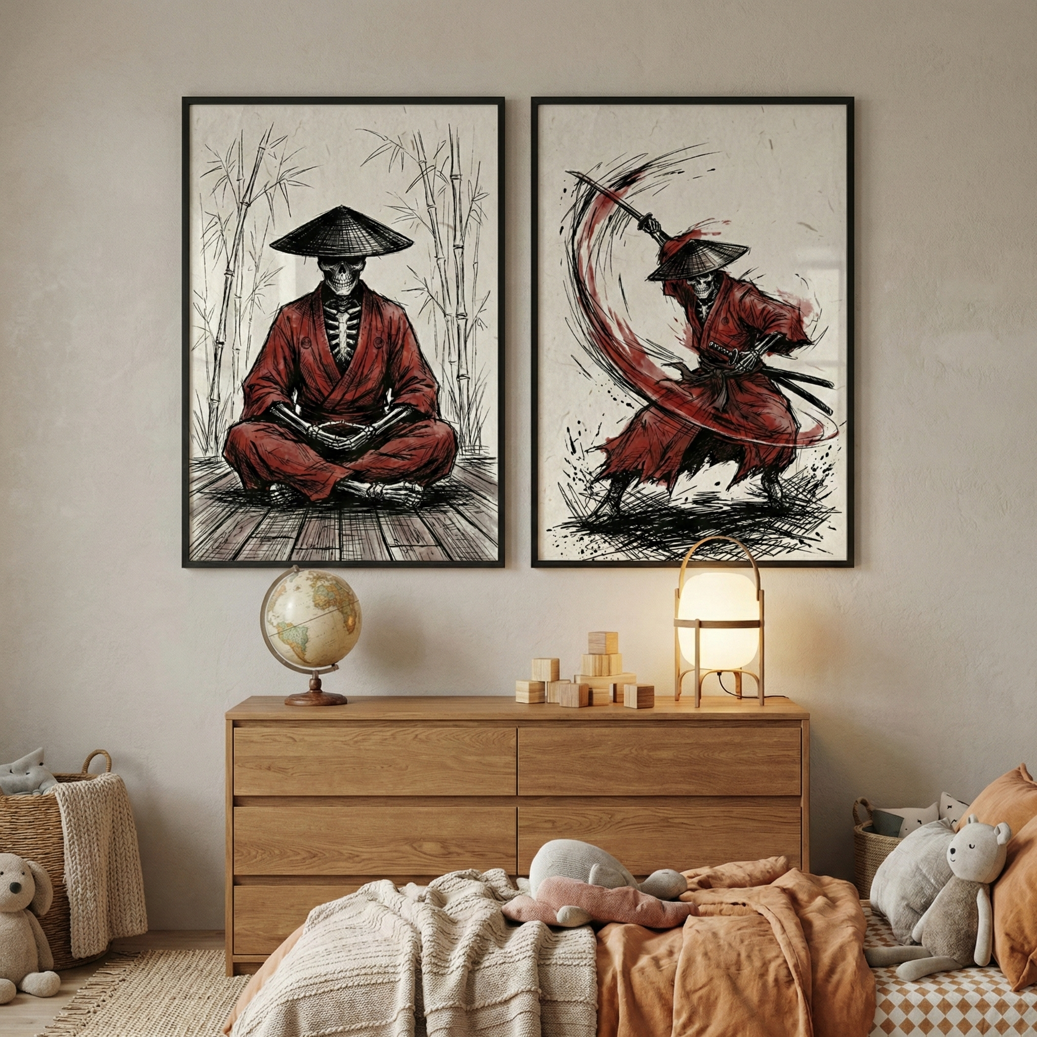 Samurai Skeleton Art Set of 2 - Crimson Ronin Soul