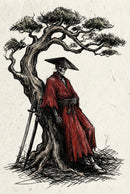 Ink style illustration of a skeletal samurai in a red robe leaning against a twisted pine tree with two swords resting beside him. The detailed crosshatched linework and muted background create a quiet and contemplative mood.

