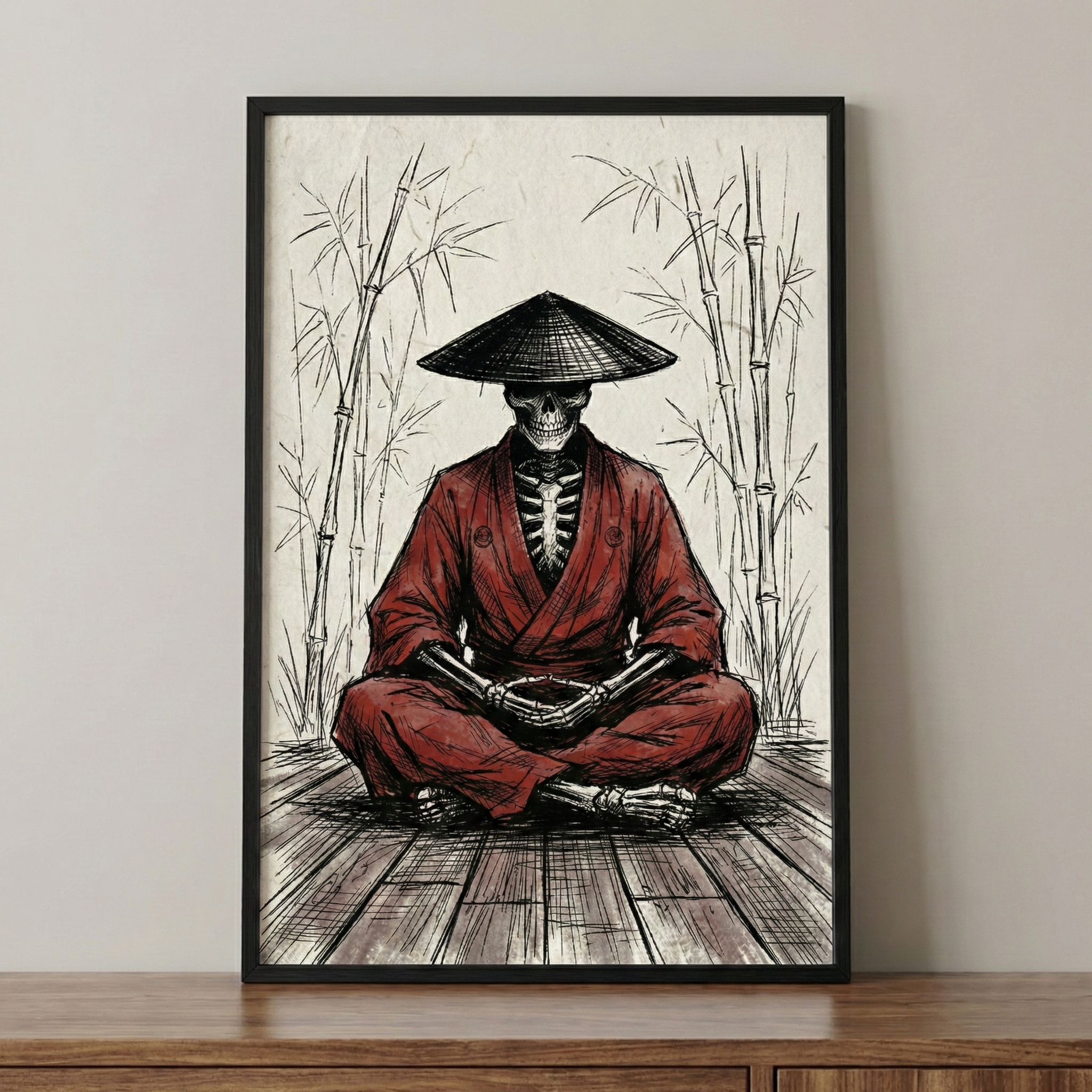 A framed illustration shows a skeleton sitting in a meditative, cross-legged pose on a wooden floor. The skeleton is dressed in a dark red traditional East Asian-style robe and wears a black conical hat. In the background, delicate, sketch-like bamboo stalks are drawn against an off-white, textured surface. The piece is encased in a slim black frame and is resting on a wooden surface against a plain, neutral wall.
