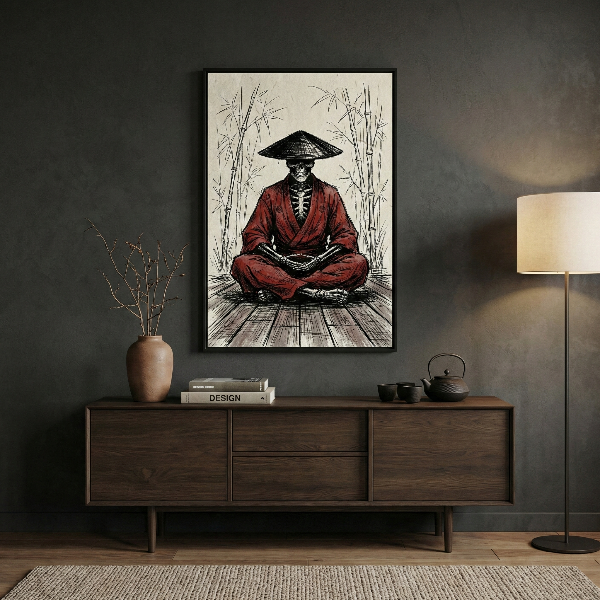 A framed illustration hangs on a dark gray wall in a minimalist room. The artwork depicts a skeleton in a deep red robe and a black conical hat sitting in a cross-legged meditative pose. In the background of the piece are sketched bamboo stalks. Below the framed art sits a dark wood sideboard holding a ceramic vase with dried branches, a stack of books, and a dark teapot with two small matching cups. Warm, soft light from a floor lamp to the right illuminates the modern interior.