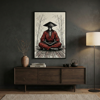 A framed illustration hangs on a dark gray wall in a minimalist room. The artwork depicts a skeleton in a deep red robe and a black conical hat sitting in a cross-legged meditative pose. In the background of the piece are sketched bamboo stalks. Below the framed art sits a dark wood sideboard holding a ceramic vase with dried branches, a stack of books, and a dark teapot with two small matching cups. Warm, soft light from a floor lamp to the right illuminates the modern interior.