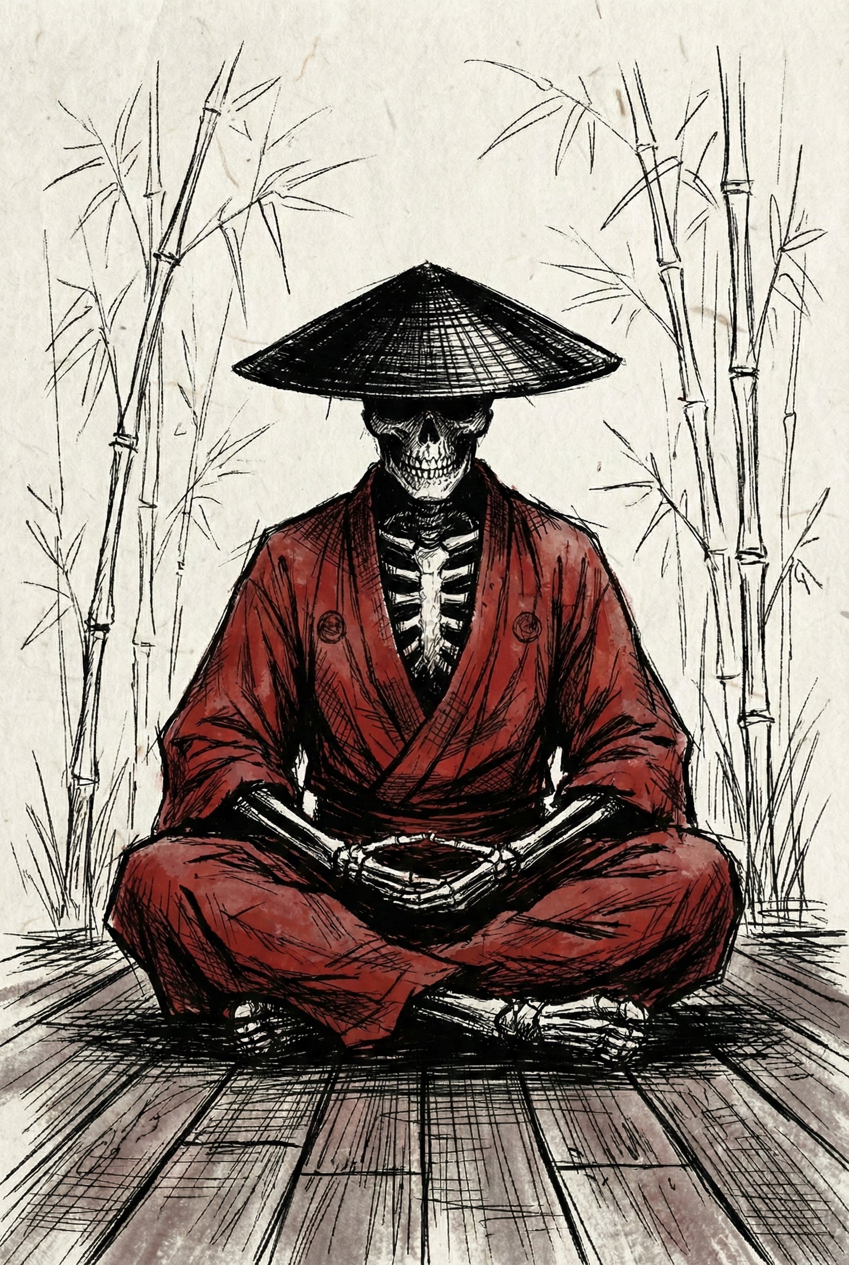  A skeletal warrior in a red robe and wide straw hat sits cross legged on a wooden floor surrounded by bamboo. The detailed pen and ink drawing emphasizes the contrast between the dark linework and the deep red garment.
