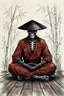  A skeletal warrior in a red robe and wide straw hat sits cross legged on a wooden floor surrounded by bamboo. The detailed pen and ink drawing emphasizes the contrast between the dark linework and the deep red garment.
